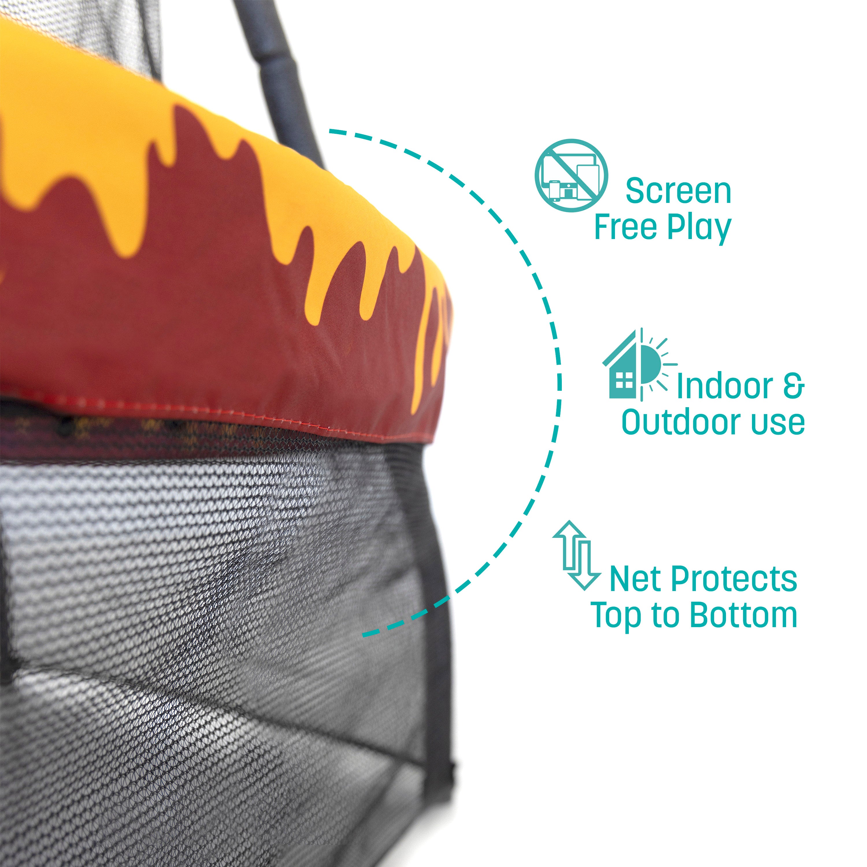 The lower enclosure net hangs below the red and yellow frame pad. Three teal callout features state, “Screen Free Play, Indoor & Outdoor Use, Net Protects Top to Bottom”. 