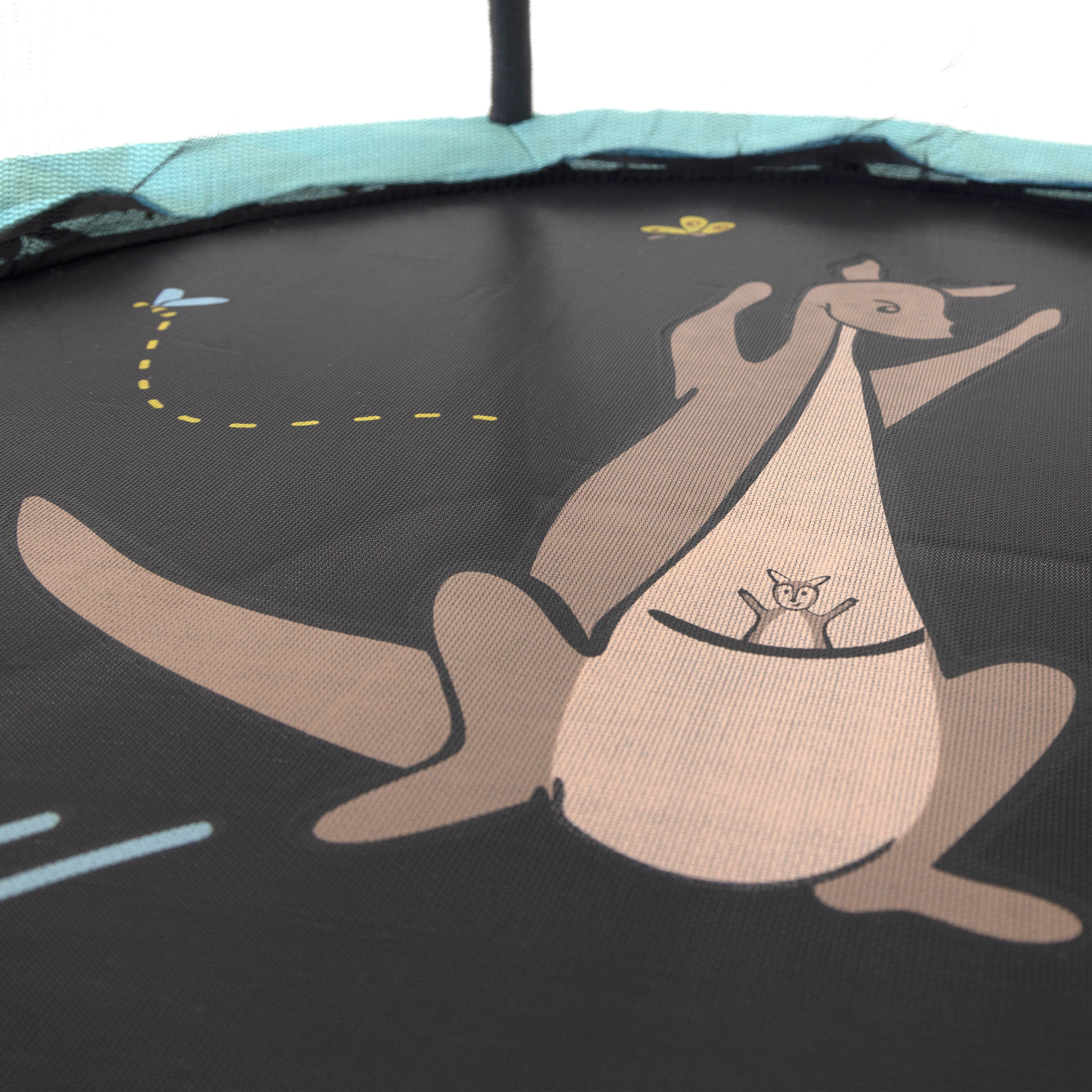 Kanga is printed on the jump mat with Roo in her pouch and butterflies and bees surrounding them. 