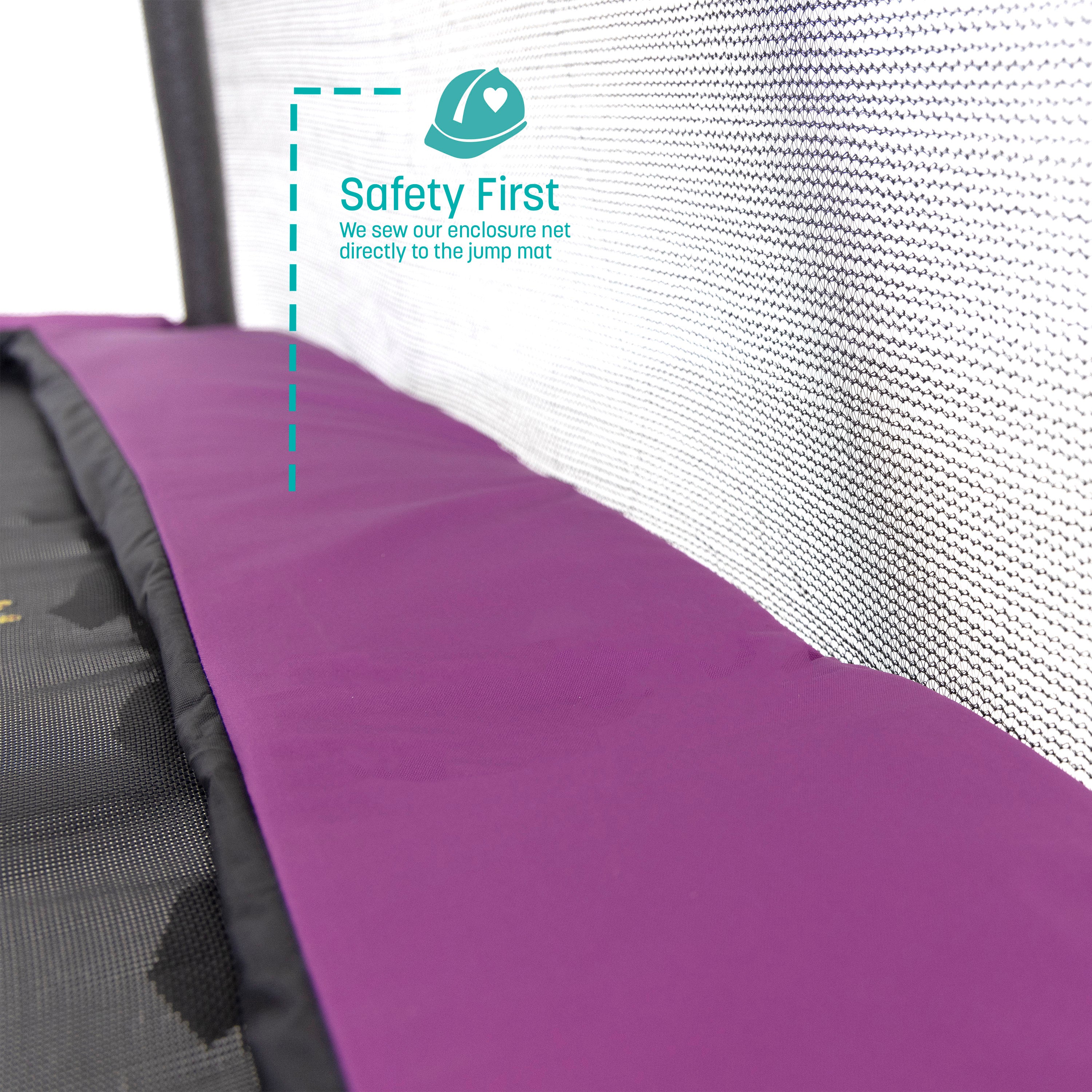 The spring pad is purple. A teal callout feature states, “Safety First: We sew our enclosure net directly to the jump mat”.