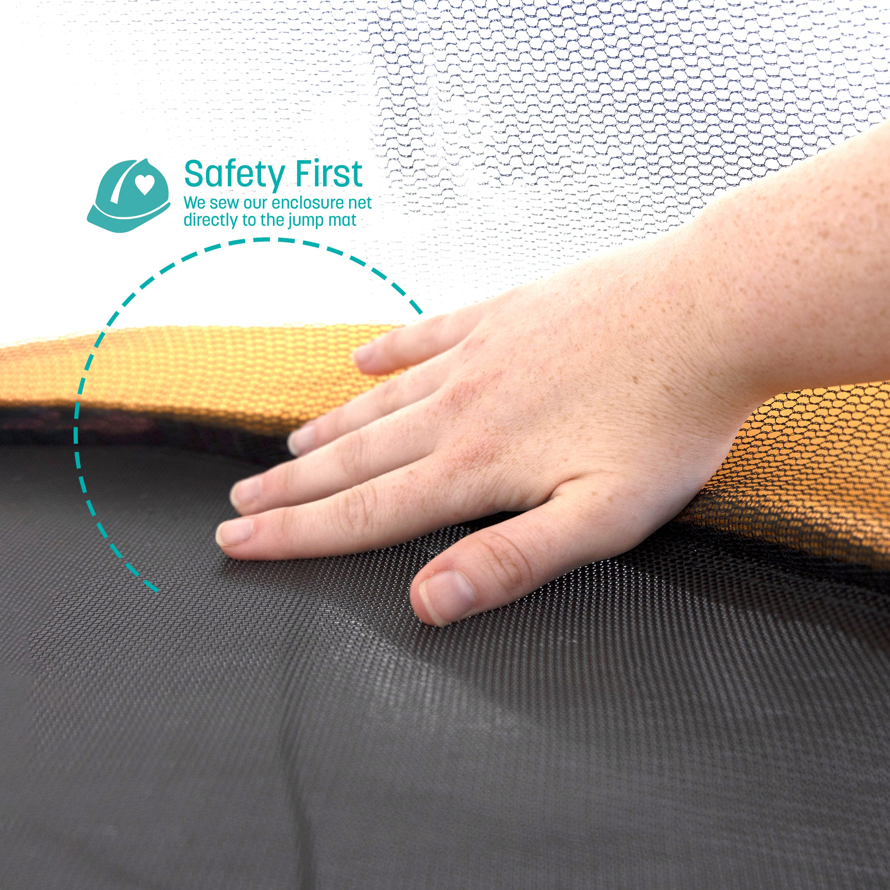 A hand pushes against the enclosure net. A teal callout feature states, “Safety First: We sew our enclosure net directly to the jump mat”.