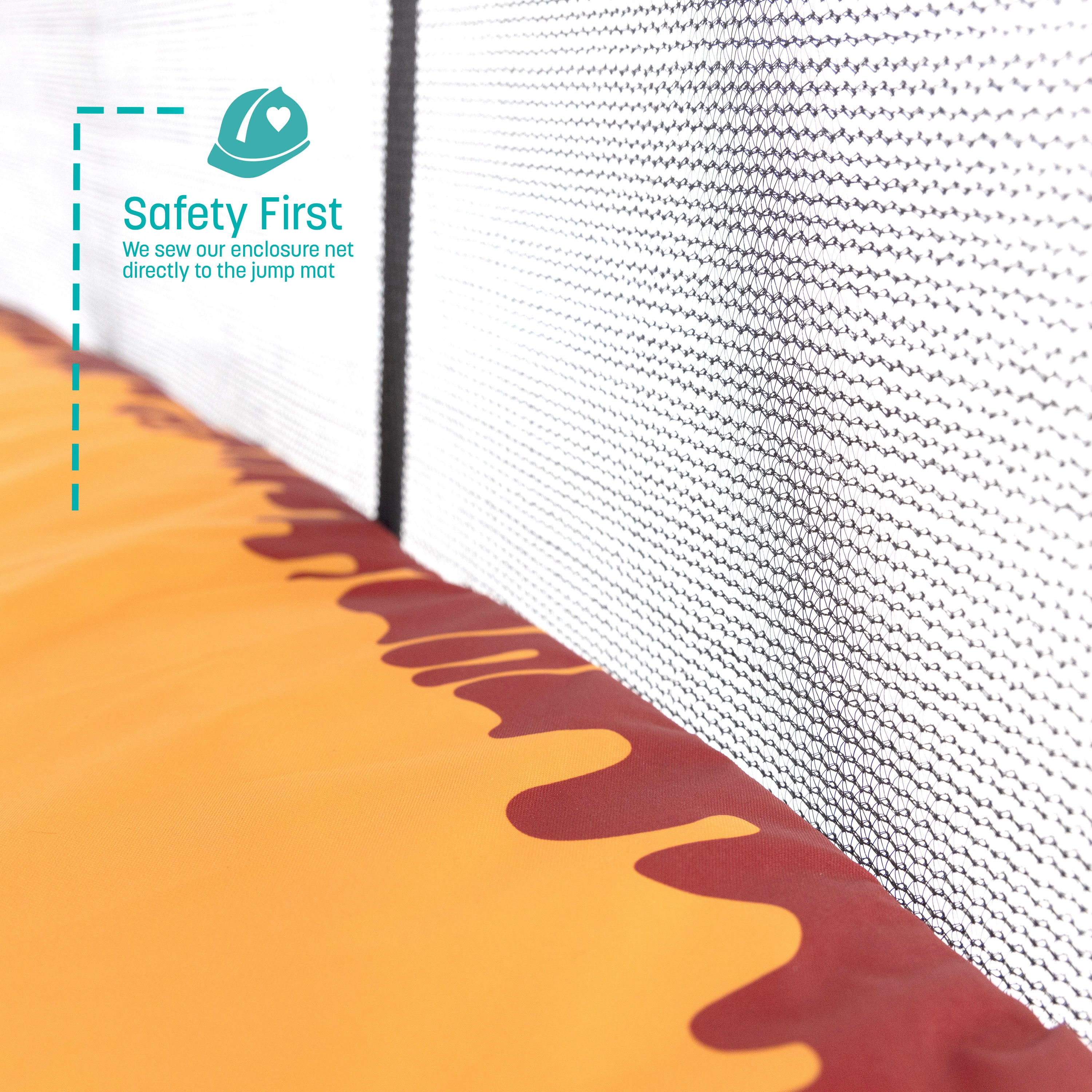 The spring pad has a yellow honey drip design on it. A teal callout feature states, “Safety First: We sew our enclosure net directly to the jump mat”.