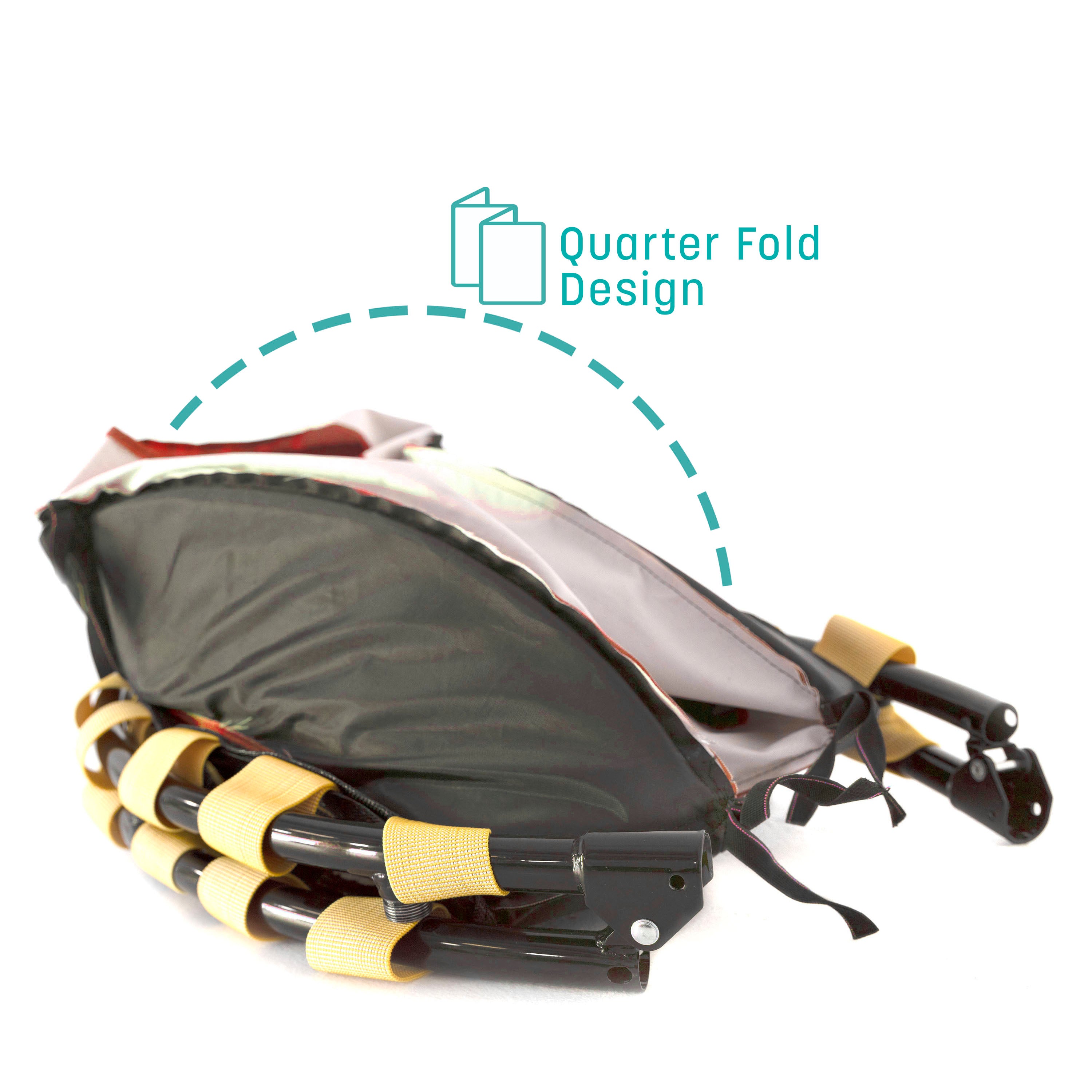 The 36” toddler trampoline is folded into quarters. A teal callout feature states, “Quarter Fold Design”. 