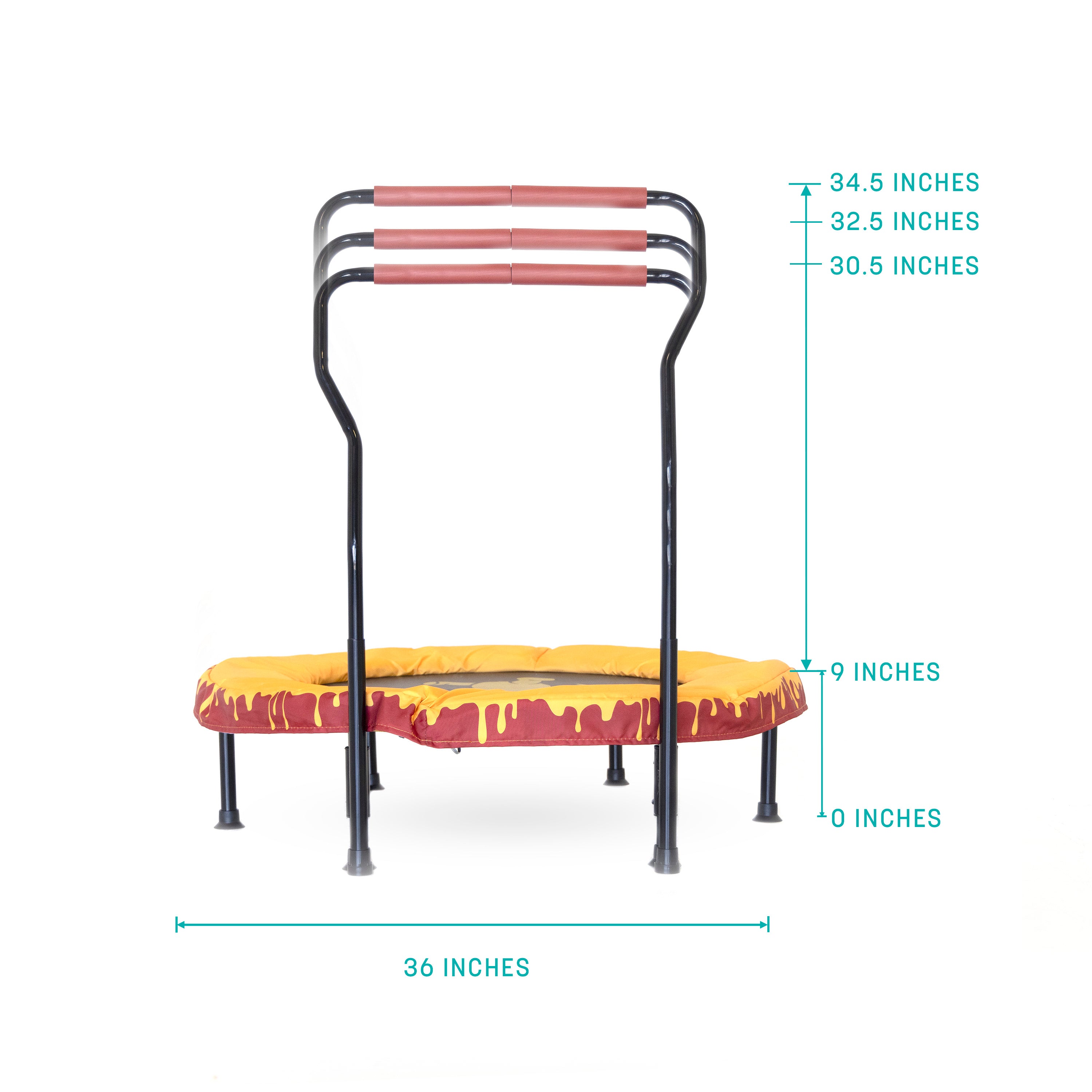 The toddler trampoline is 36” wide and 9” tall from the ground to the top of the frame. The handlebar has adjustable settings that range from 30.5” to 34.5” tall.