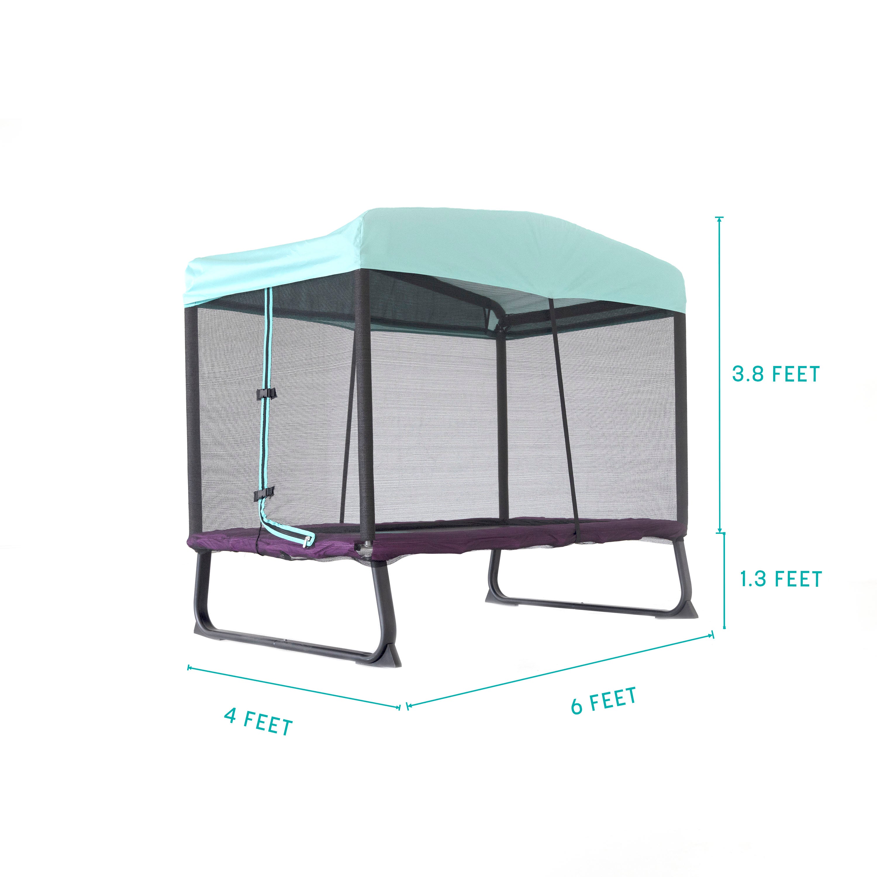 The Eeyore rectangle trampoline is 4 feet wide, 6 feet long, 1.3 feet from ground to frame, and 3.8 feet from frame to top of canopy. 