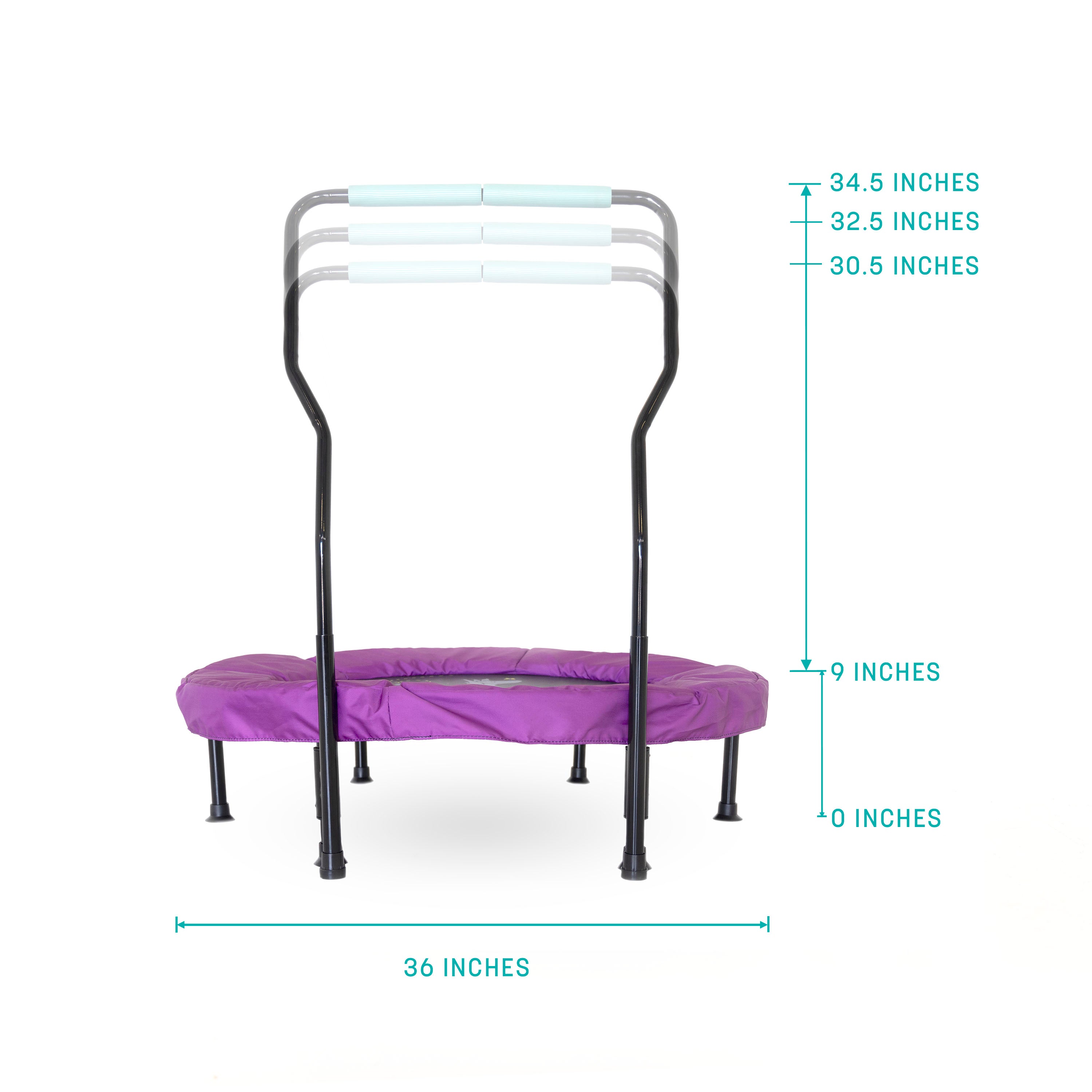 The Eeyore toddler trampoline is 36” wide and 9” tall from the ground to the top of the frame. The handlebar has adjustable settings that range from 30.5” to 34.5” tall. 