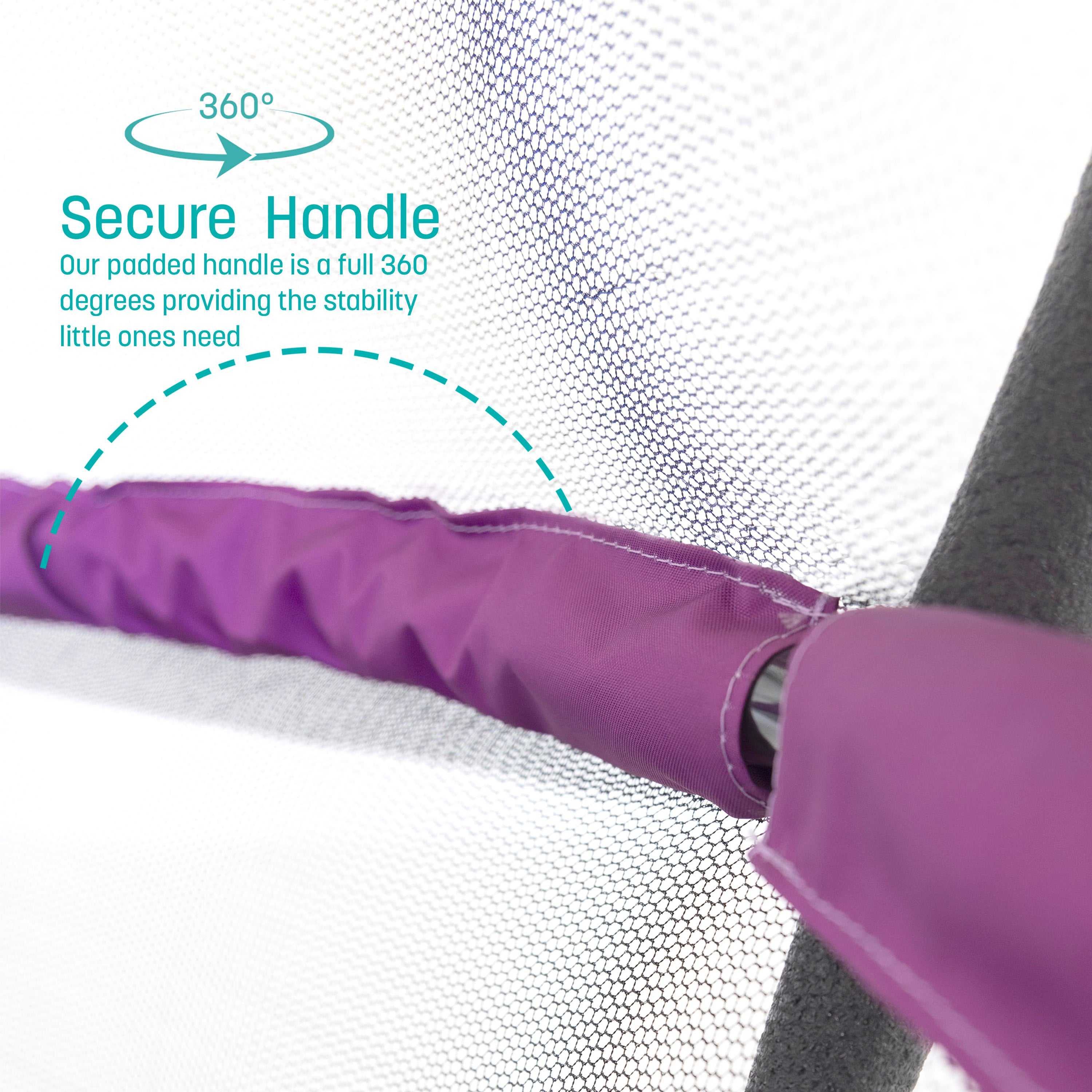 The handlebar has a purple padded sleeve. A teal callout feature states, “ Secure Handle: Our padded handle is a full 360 degrees providing the stability little ones need”.