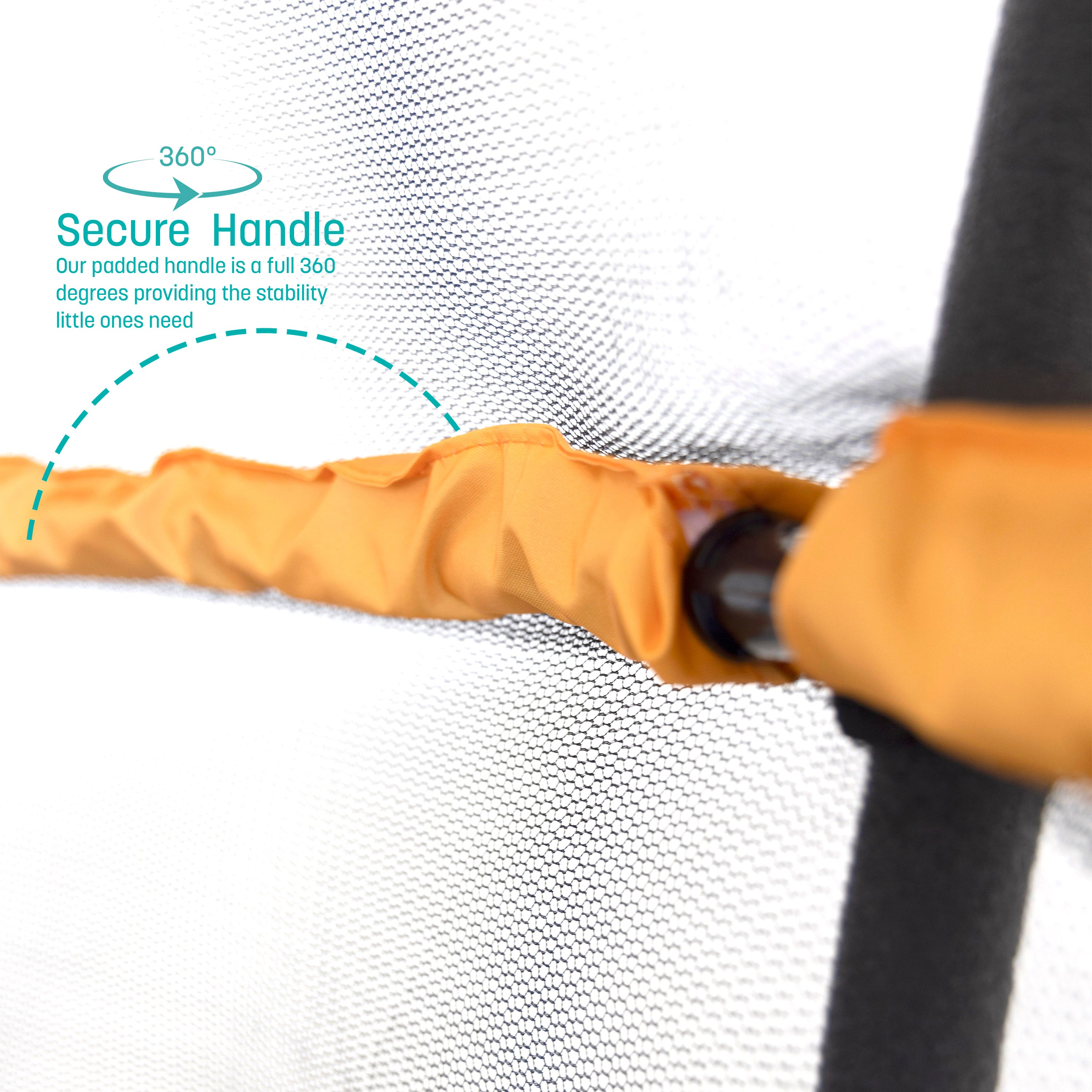 A close-up view of the yellow handlebar. A teal callout feature states, “Secure Handle: Our padded handle is a full 360 degrees providing the stability little ones need”.