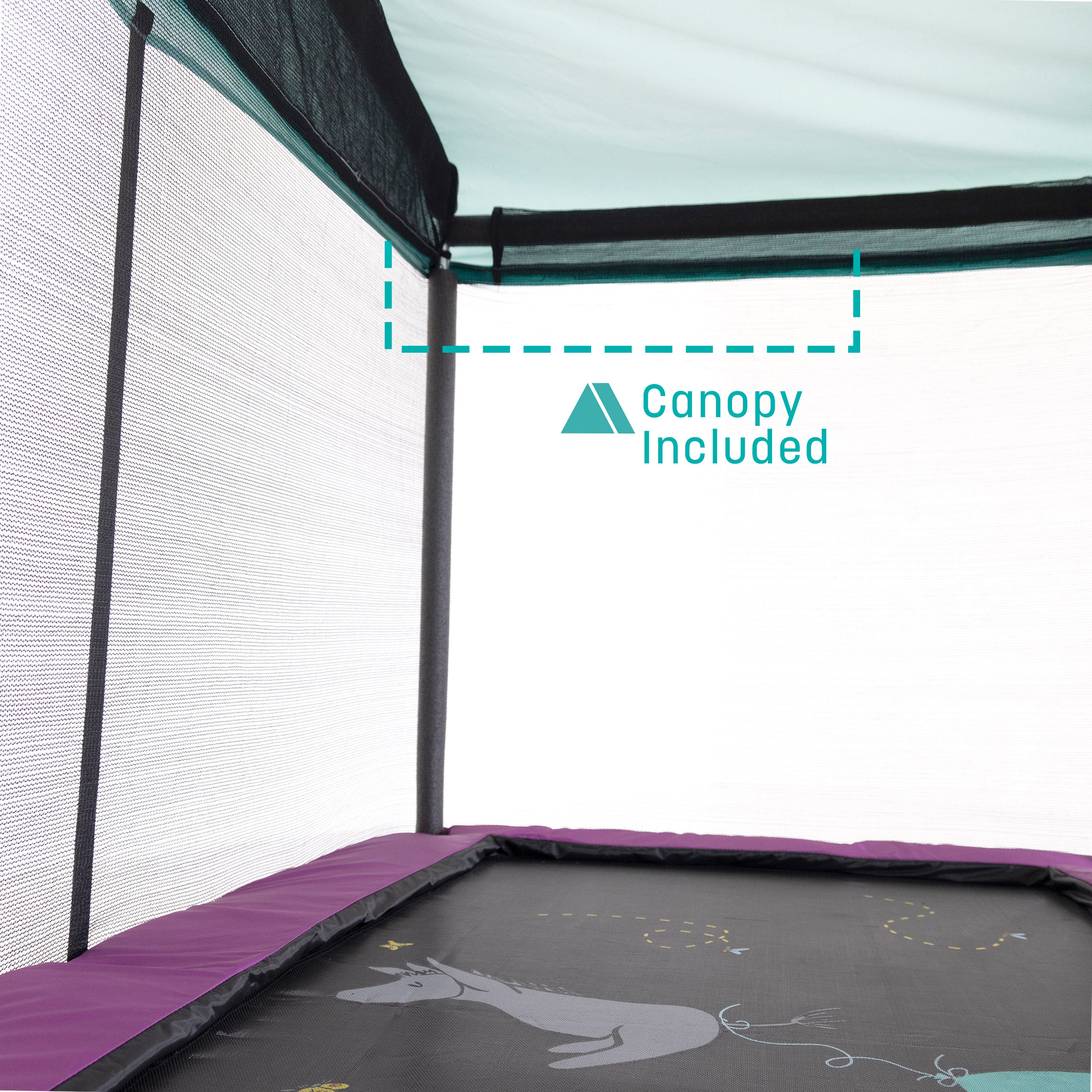 An inside view of the trampoline. A teal callout feature states, “Canopy Included”. 