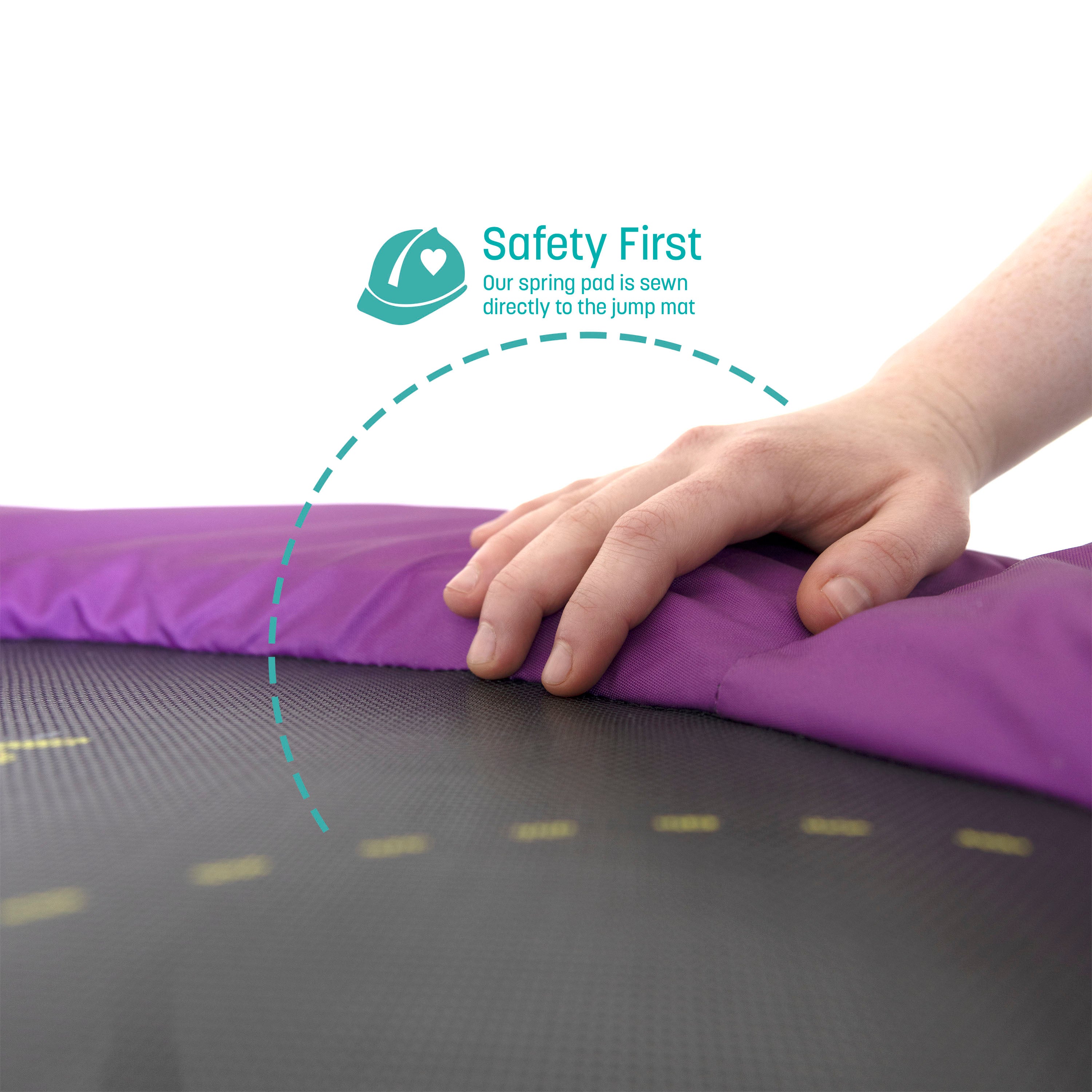 A hand pulls back the purple spring pad. A teal callout feature states, “Safety First: Our spring pad is sewn directly to the jump mat.”