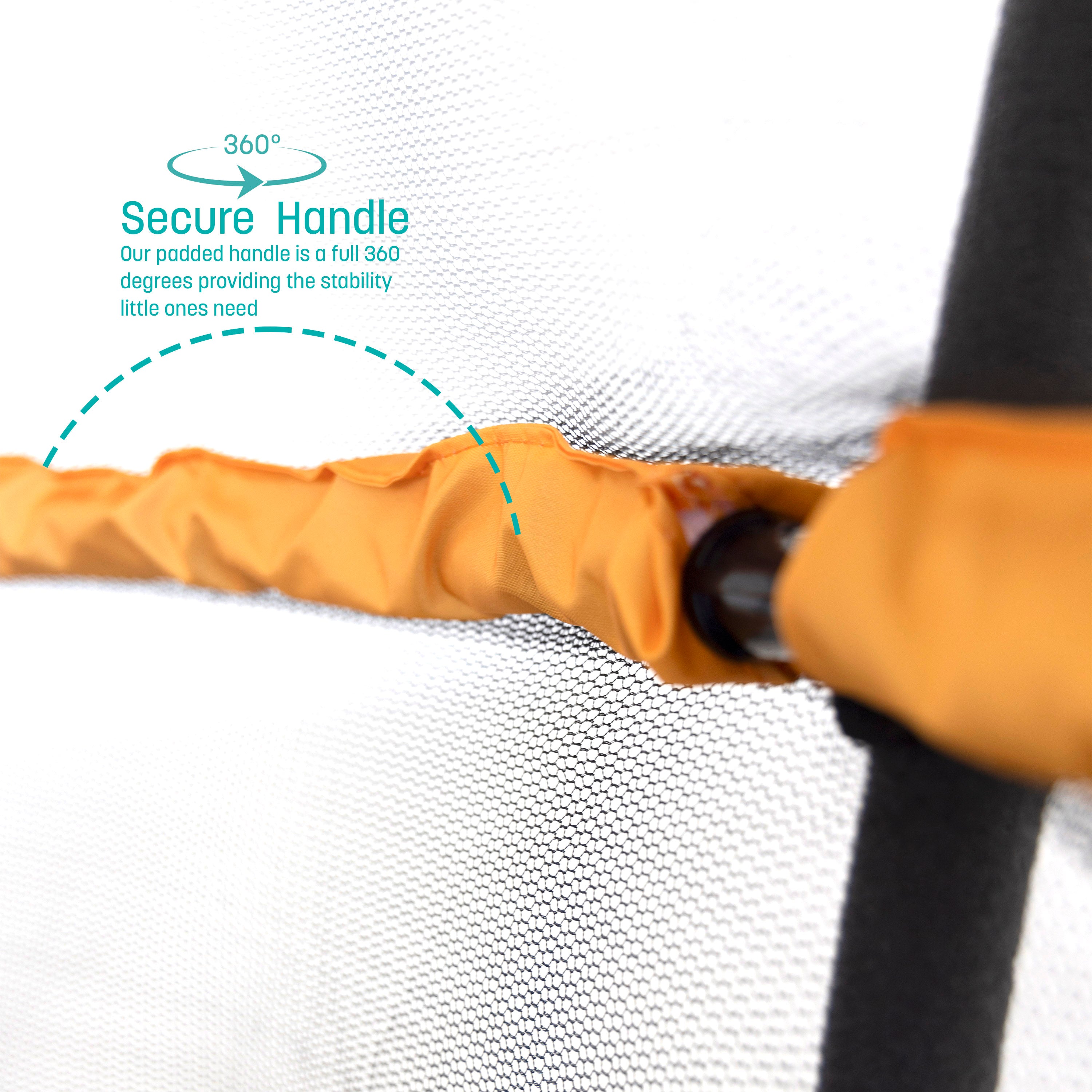 The handlebar has a yellow padded sleeve. A teal callout feature states, “ Secure Handle: Our padded handle is a full 360 degrees providing the stability little ones need”.