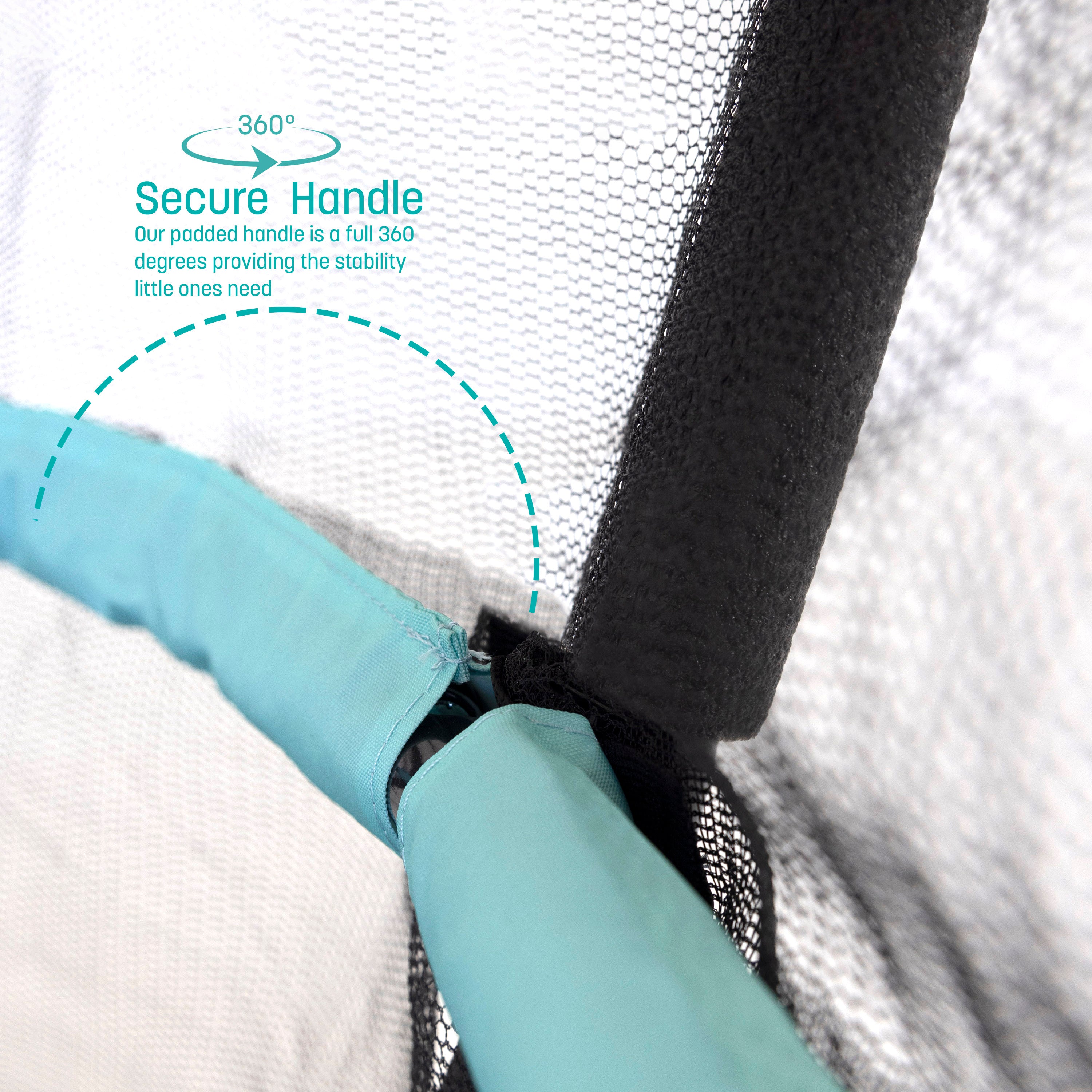 The handlebar has a light blue sleeve. A teal callout feature states, “Secure Handle: Our padded handle is a full 360 degrees providing the stability little ones need”.