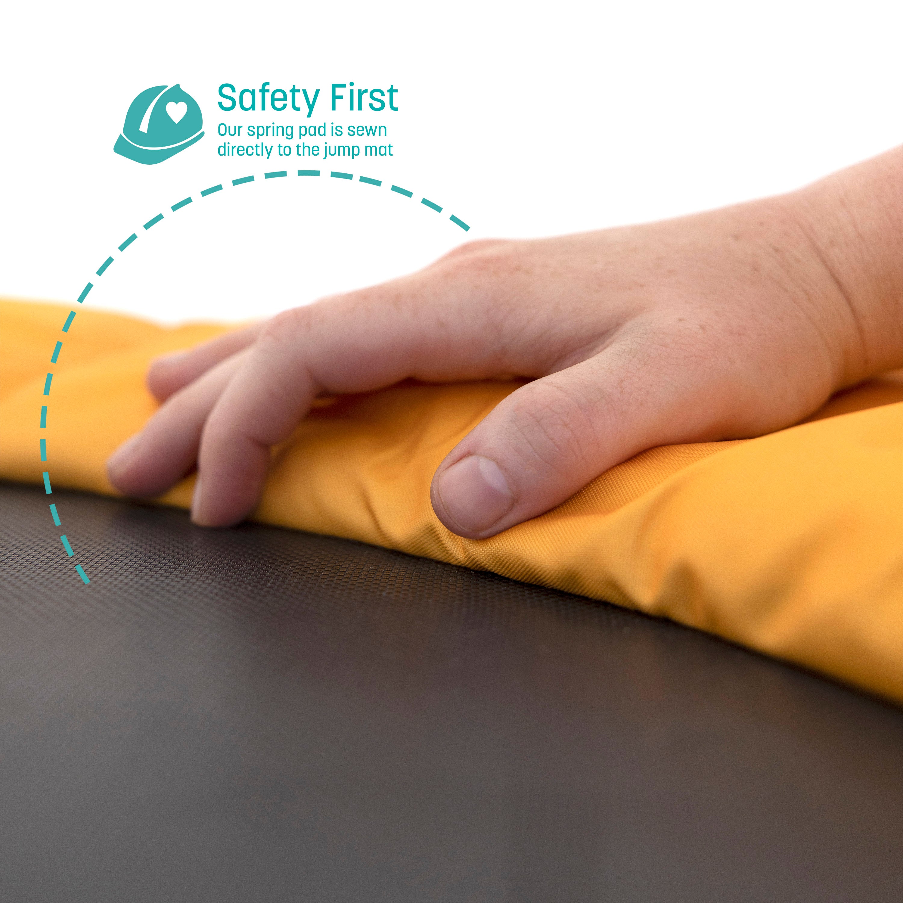 A hand rests on the yellow spring pad. A teal callout feature states, “Safety First: Our spring pad is sewn directly to the jump mat.”