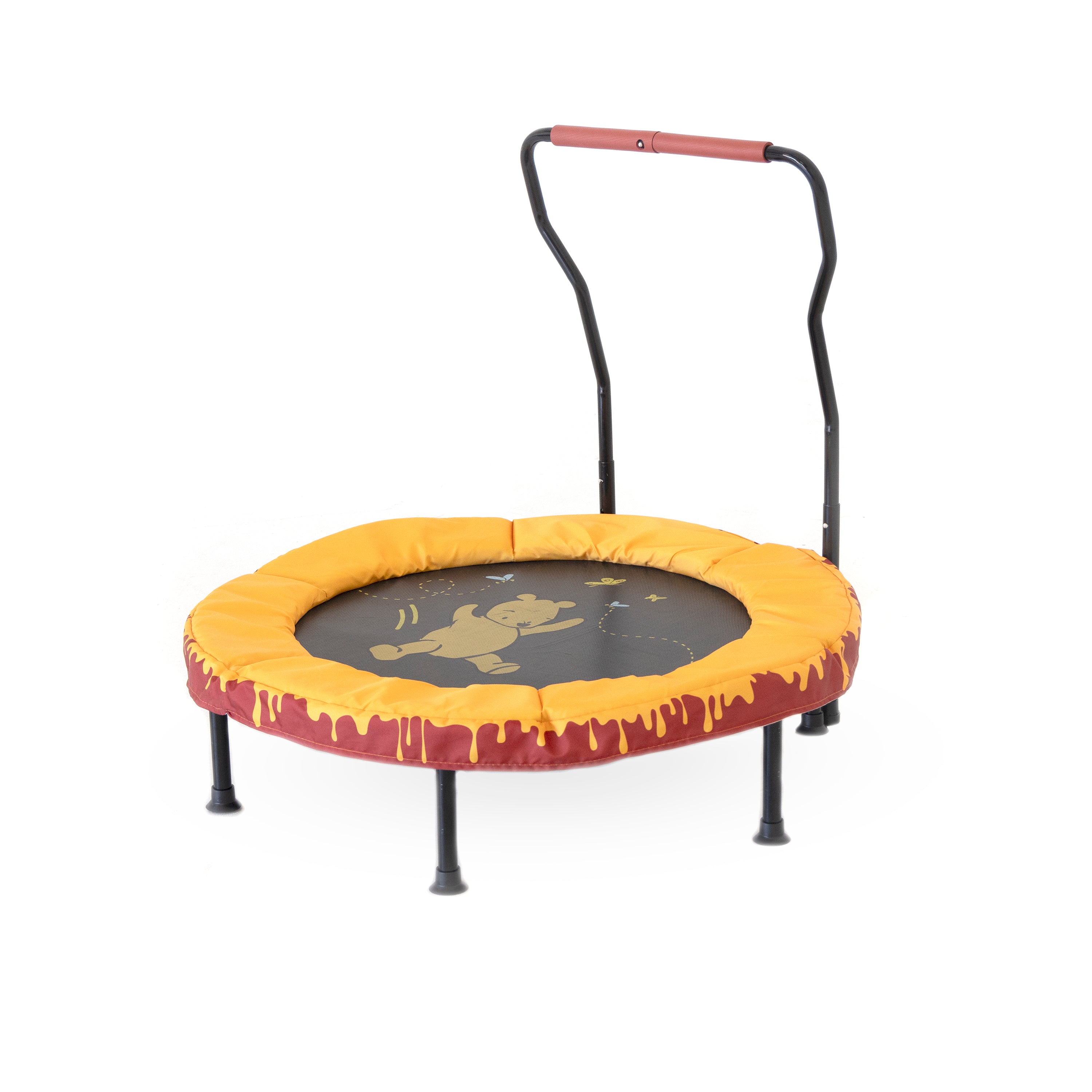The 36” toddler trampoline with handlebar has a red and yellow honey-drip spring pad design and a vintage Winnie the Pooh print on the jump mat. 