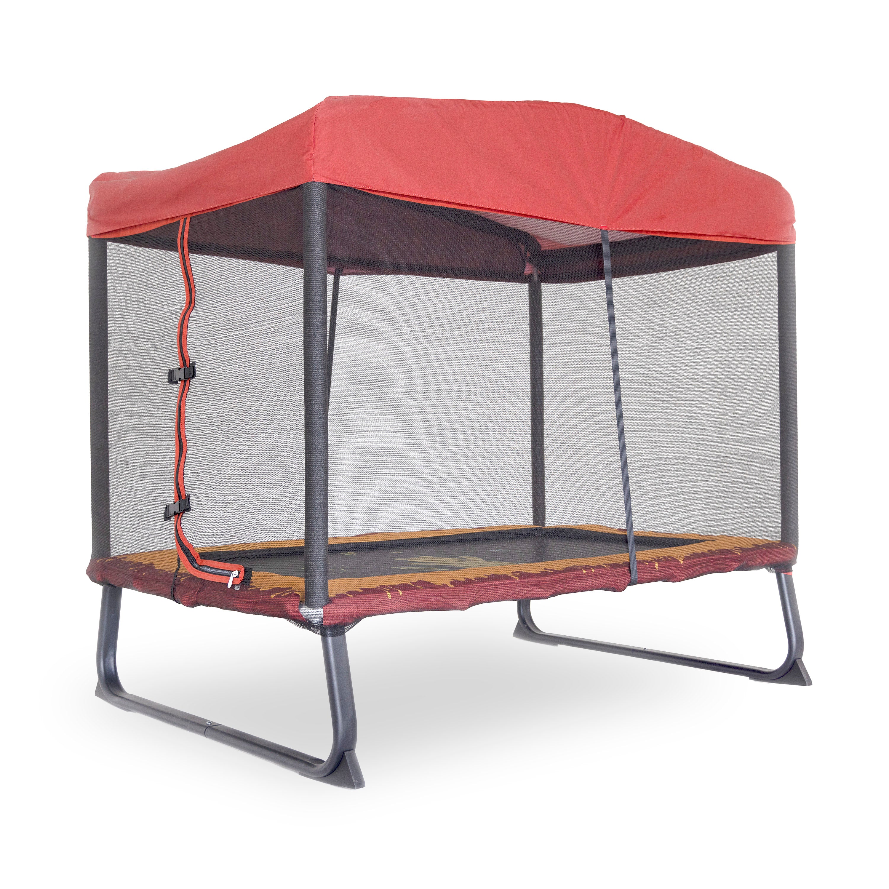The rectangle 6ft x 4ft trampoline has a black enclosure net, a red canopy, a red and yellow spring pad, and a Winnie the Pooh design printed on the jump mat. 