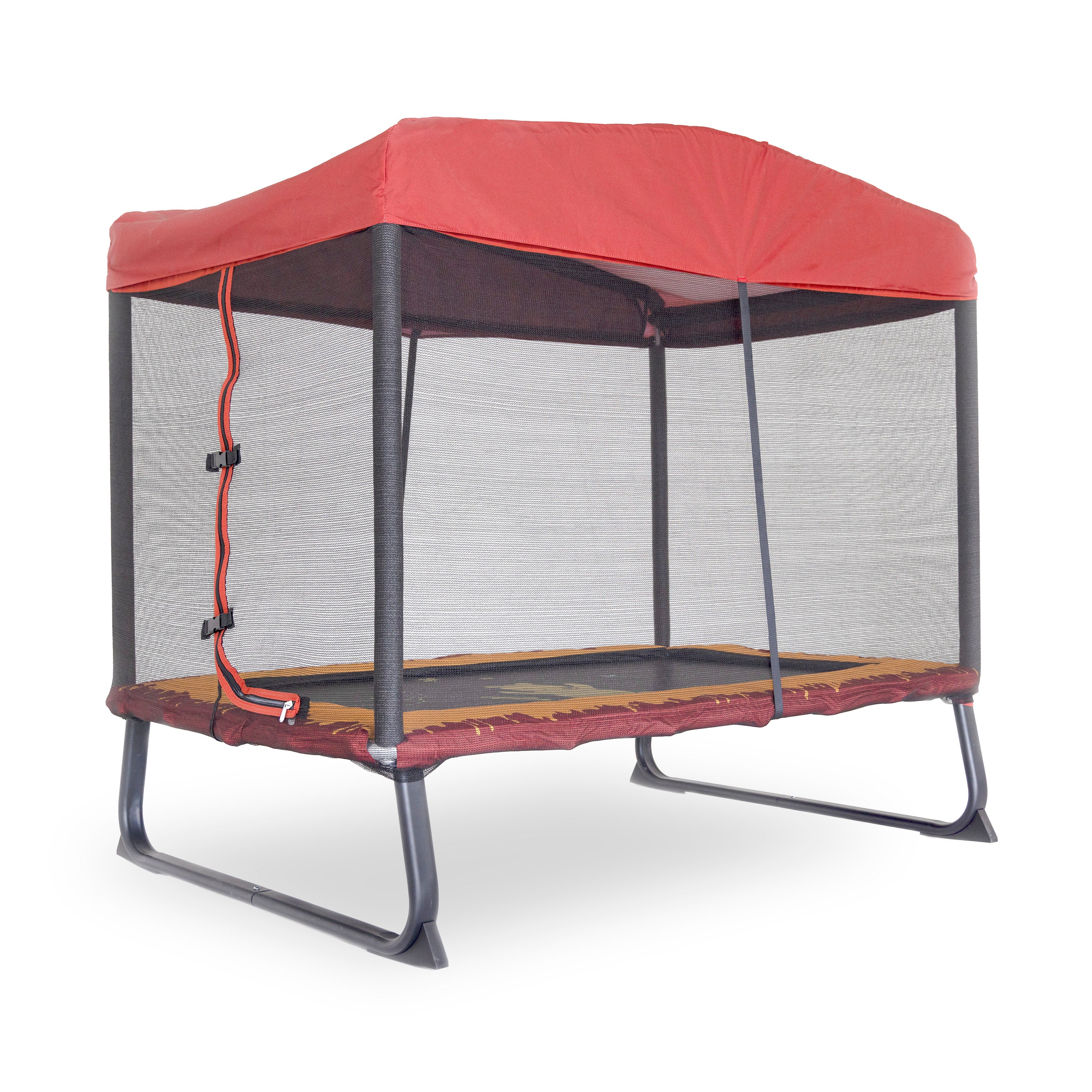 The rectangle 6ft x 4ft trampoline has a black enclosure net, a red canopy, a red and yellow spring pad, and a Winnie the Pooh design printed on the jump mat. 