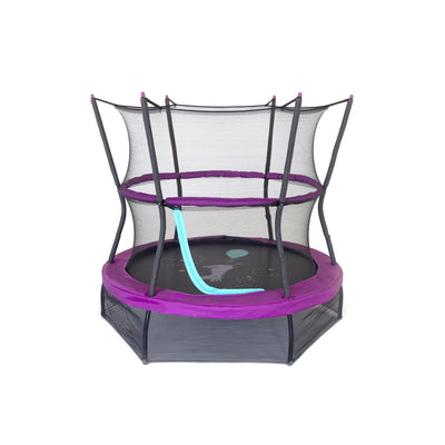 The 60” Eeyore toddler trampoline has an upper and lower enclosure net, a purple frame pad, a blue zipper, a purple handlebar, and an Eeyore character print on the jump mat. 