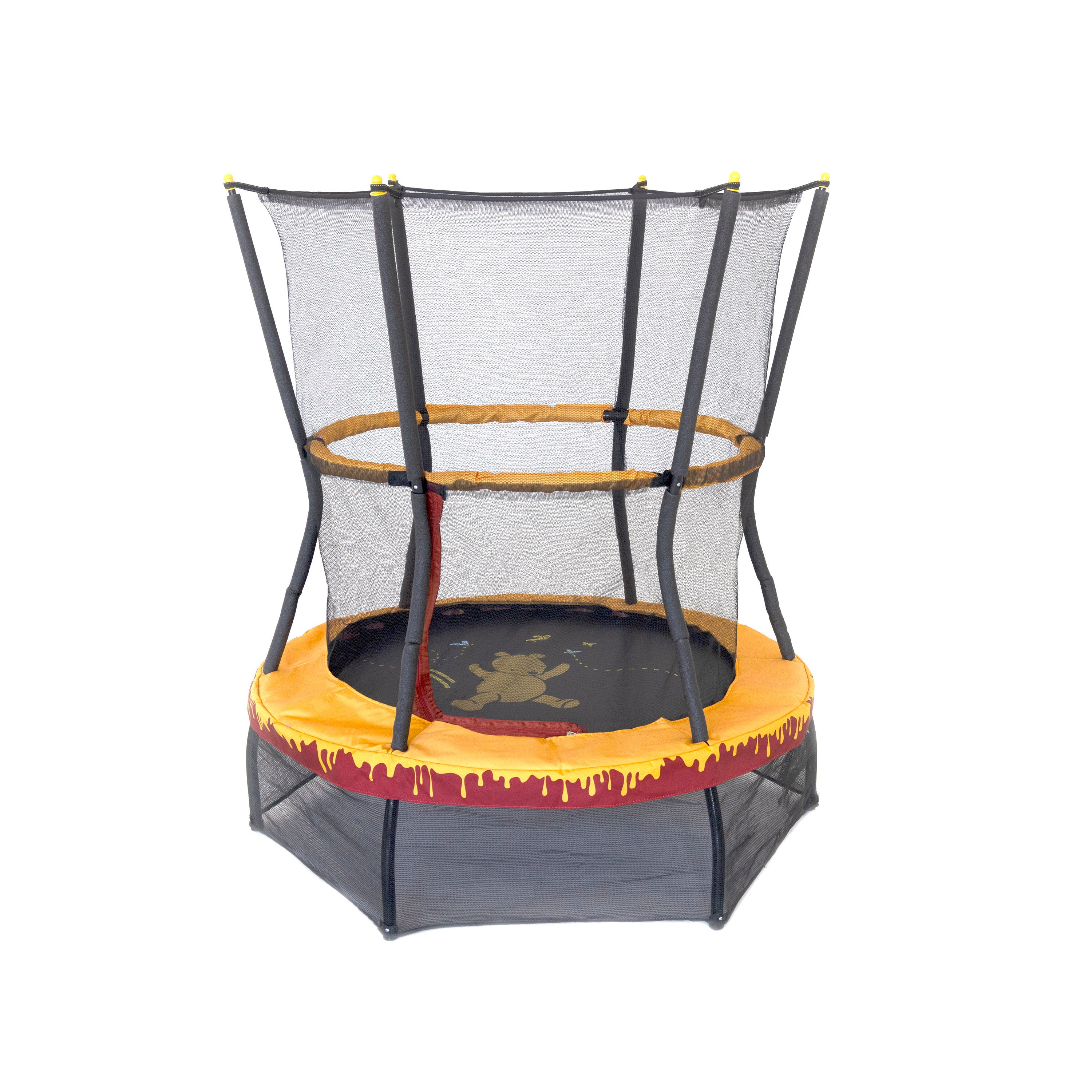 The 48” Winnie the Pooh trampoline has a yellow and red frame pad design, a yellow handlebar and both a upper and lower enclosure net.  