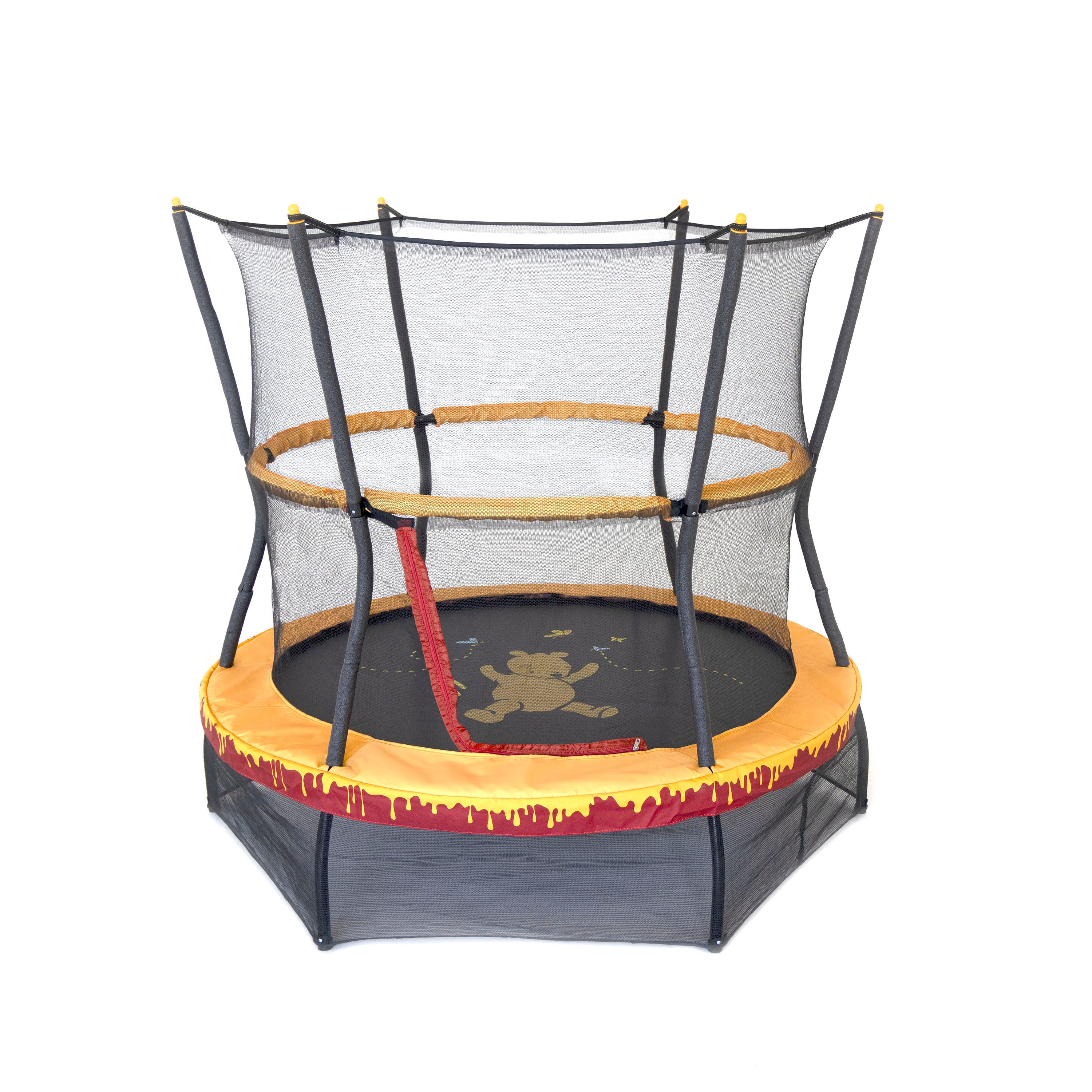 The 60-inch Winnie the Pooh mini trampoline features upper and lower enclosure nets, a red and yellow frame pad, a 360-degree handlebar, and a Winnie the Pooh jump mat design. 