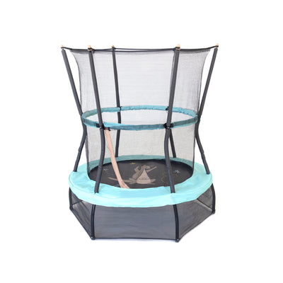 The 48” toddler trampoline has a light blue color scheme and a Kanga & Roo character print design. 