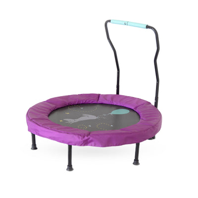 The 36” toddler trampoline with handlebar has a purple frame pad and a nostalgic Eeyore character print. 