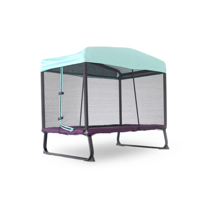 The 6ft x 4ft rectangle trampoline has an enclosure net, a light blue canopy, a light blue zipper, and a purple spring pad. 