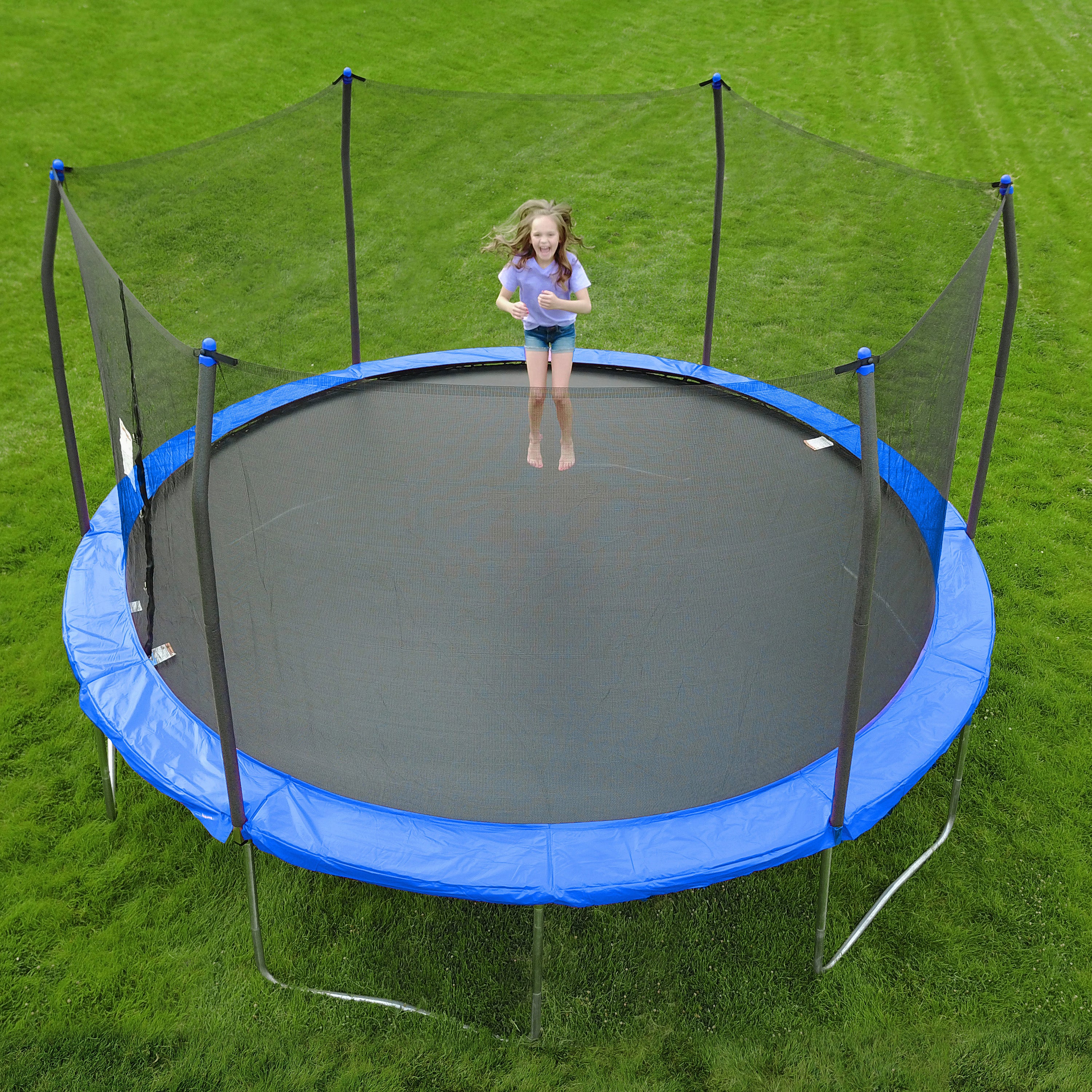 14' Round Trampoline with Enclosure and Wind Stakes - Bright Blue