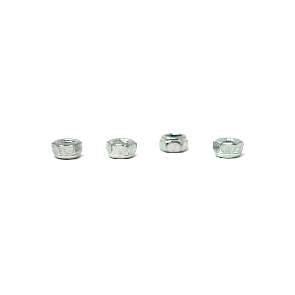 Four silver M8 lock nuts. 