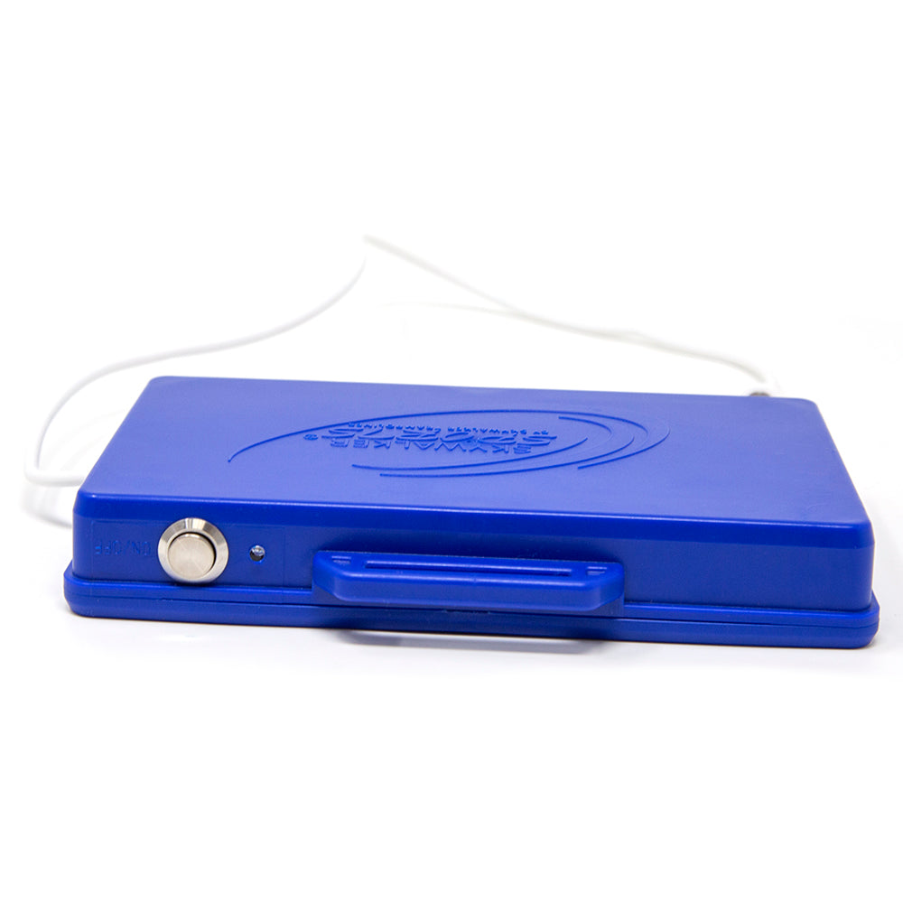 Battery pack in blue plastic housing. 
