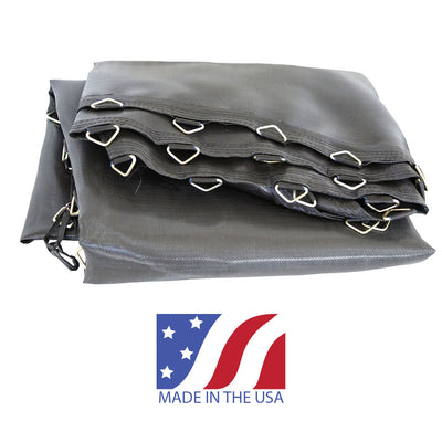 14-foot square jump mat with "Made in the USA" badge. 