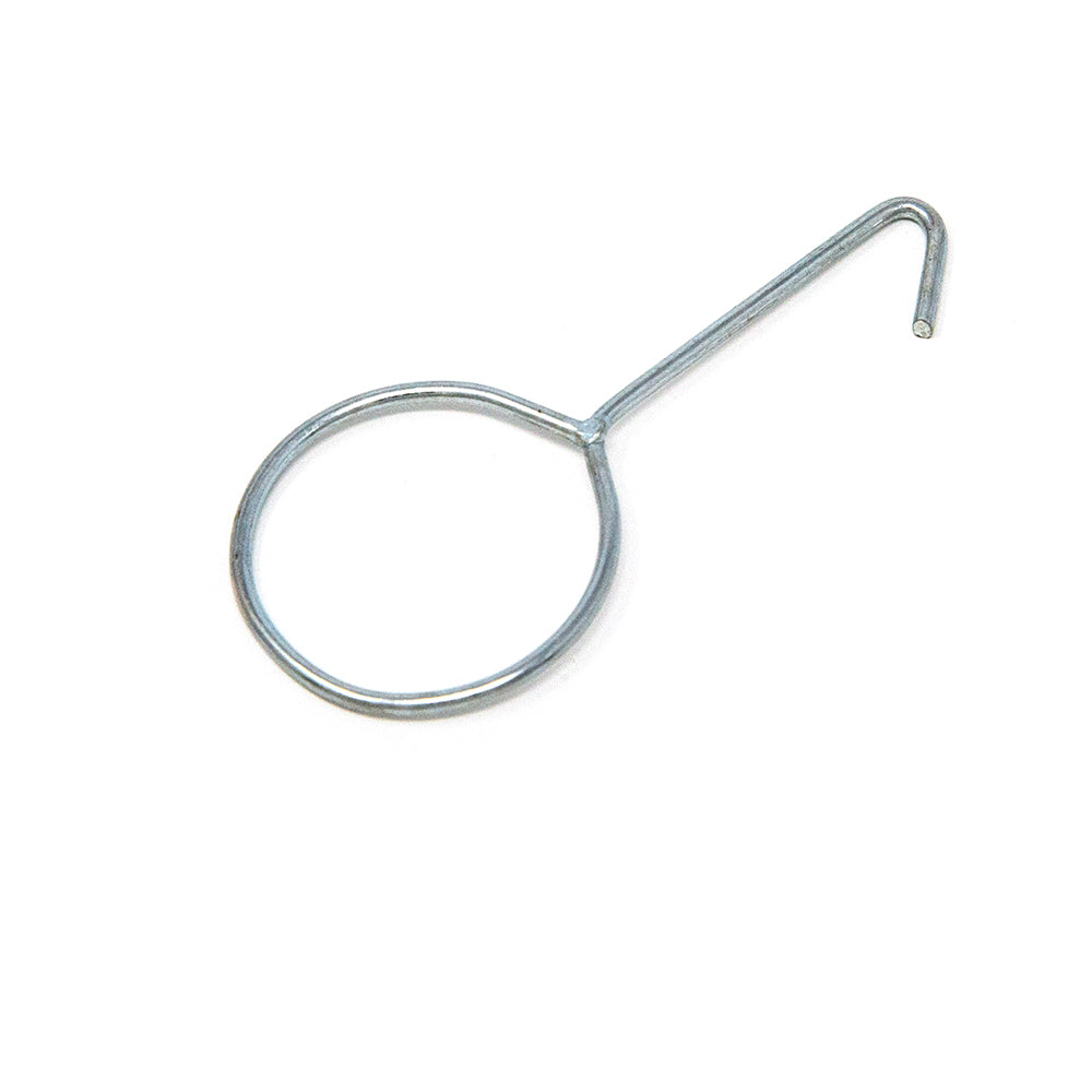 Spring puller with a hook on one end and a circular handle on the other end.