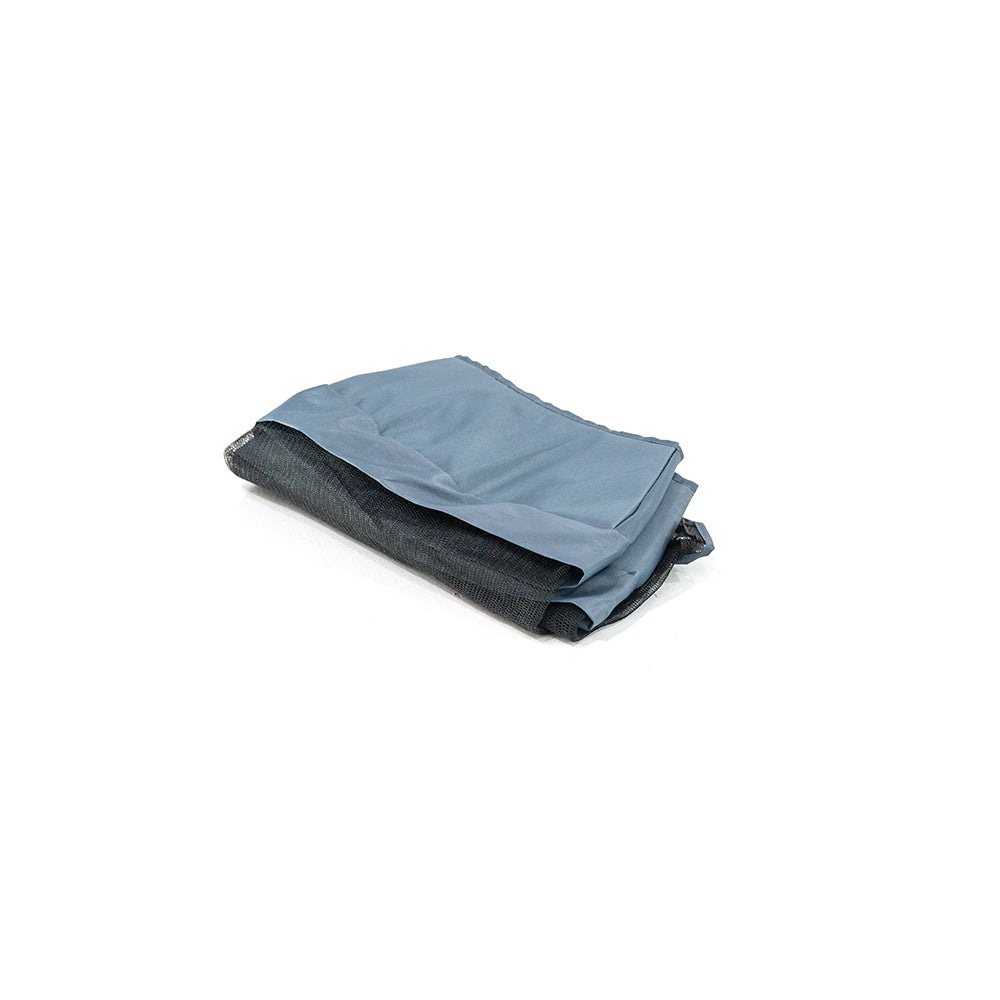 Dark gray spring pad with lower enclosure net attached. 