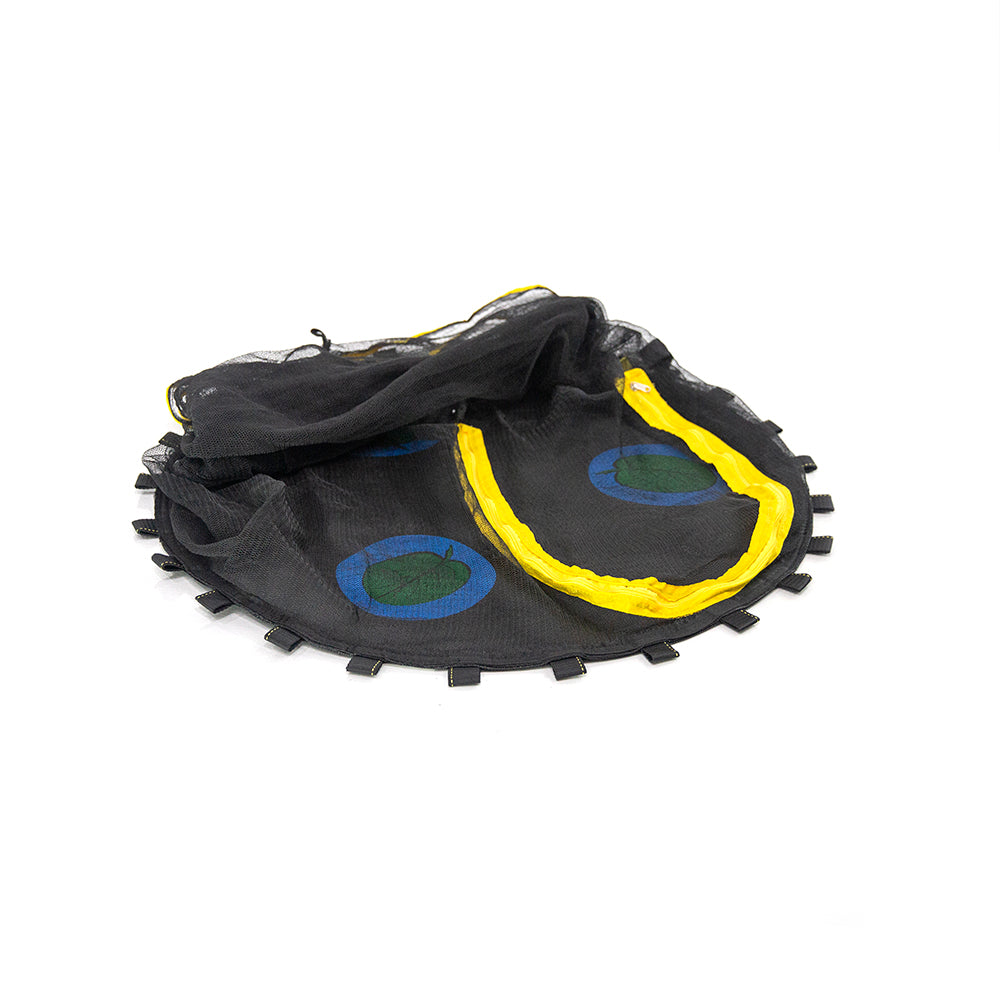 Black jump mat with lily pad design and black enclosure net with yellow zipper.