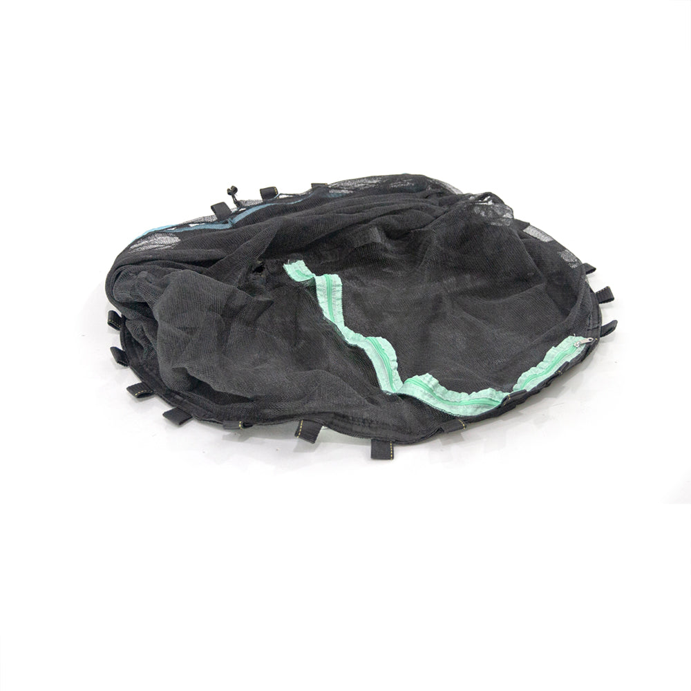 Black jump mat and black enclosure net have light blue trim and seafoam green zipper. 