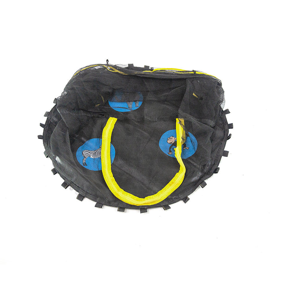Black jump mat has zoo animal designs and enclosure net has yellow zipper. 
