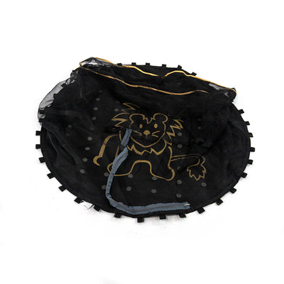 The jump mat has a polka dot lion design printed on it. 
