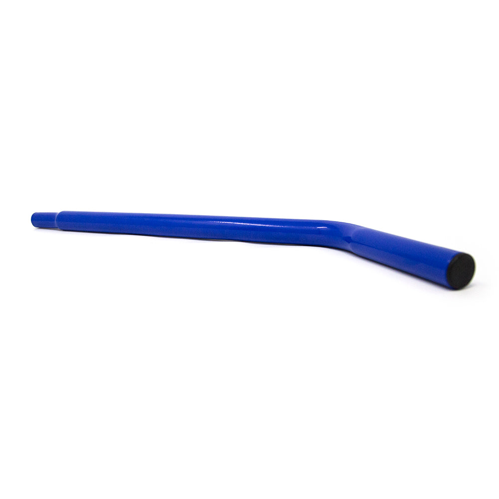 The teeter totter's support pole is crafted from blue powder-coated steel.