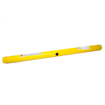 Yellow replacement pole has warning labels on it.
