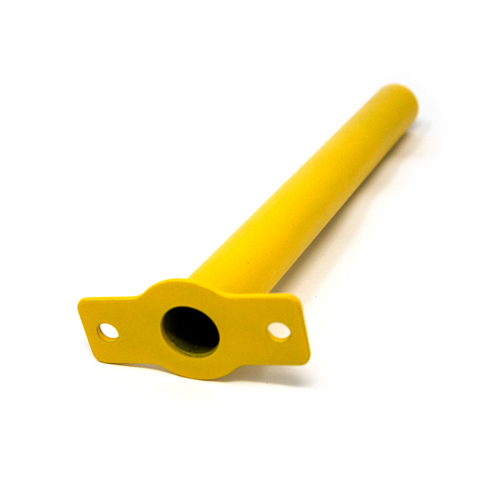 Yellow powder-coated frame piece has a large hole on one end.