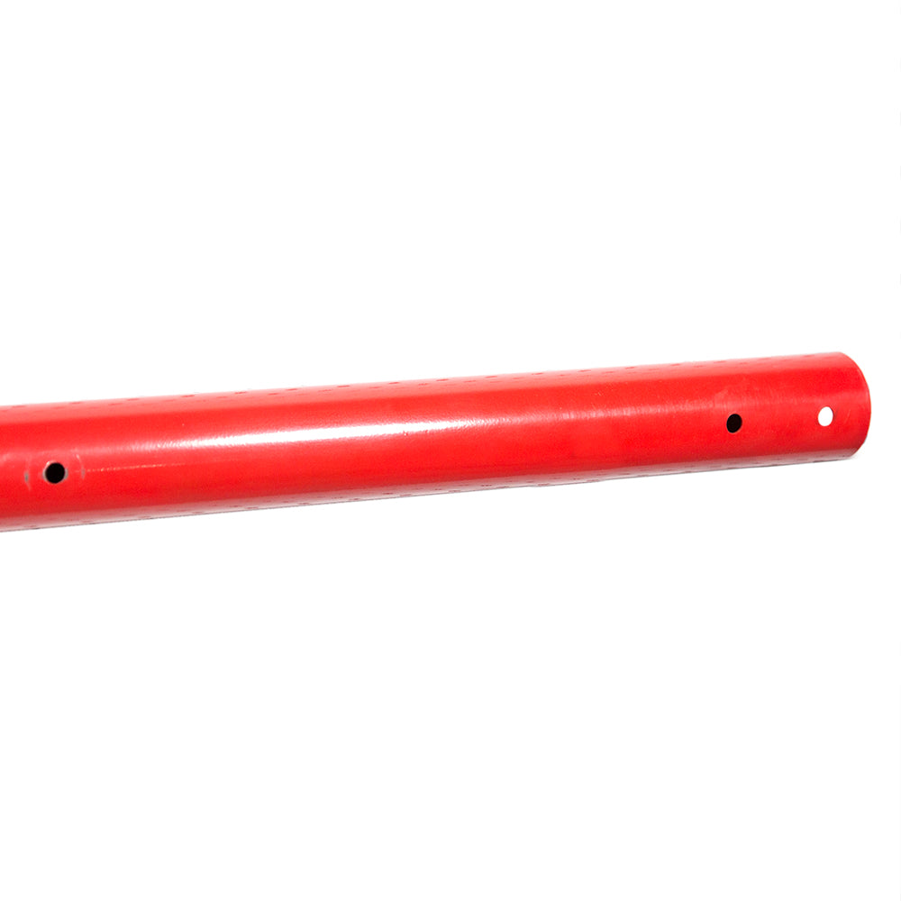 Top tube piece is crafted from red powder-coated steel. 