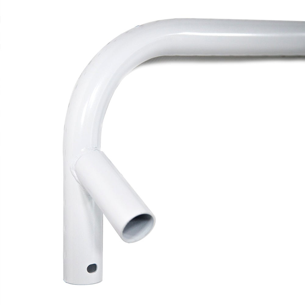 White powder-coated tube has two holes at the end of it. 