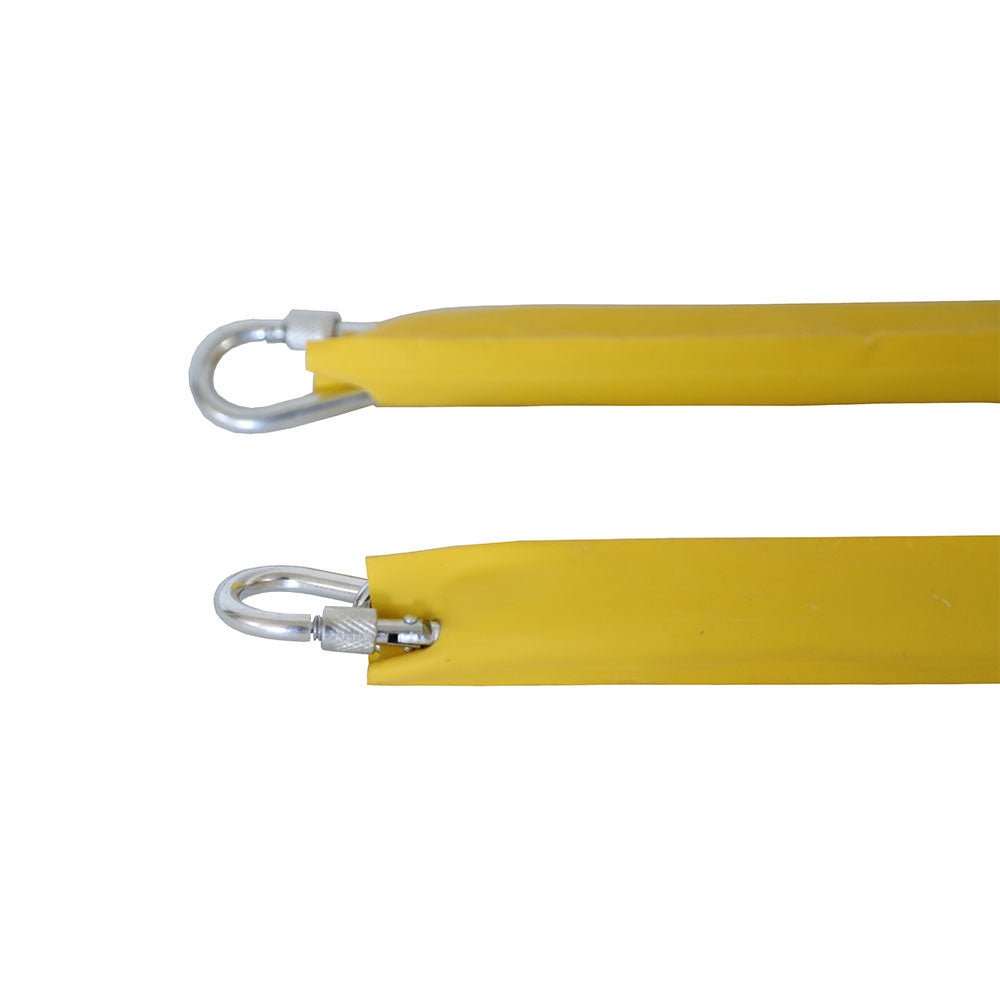 Long yellow chain has two silver hooks at each end. 