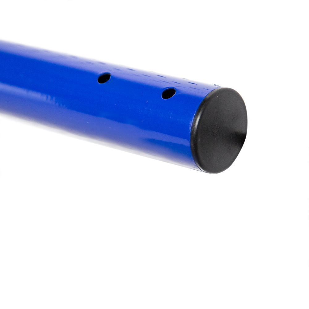 Close-up view of the black top of the blue upright tube. 