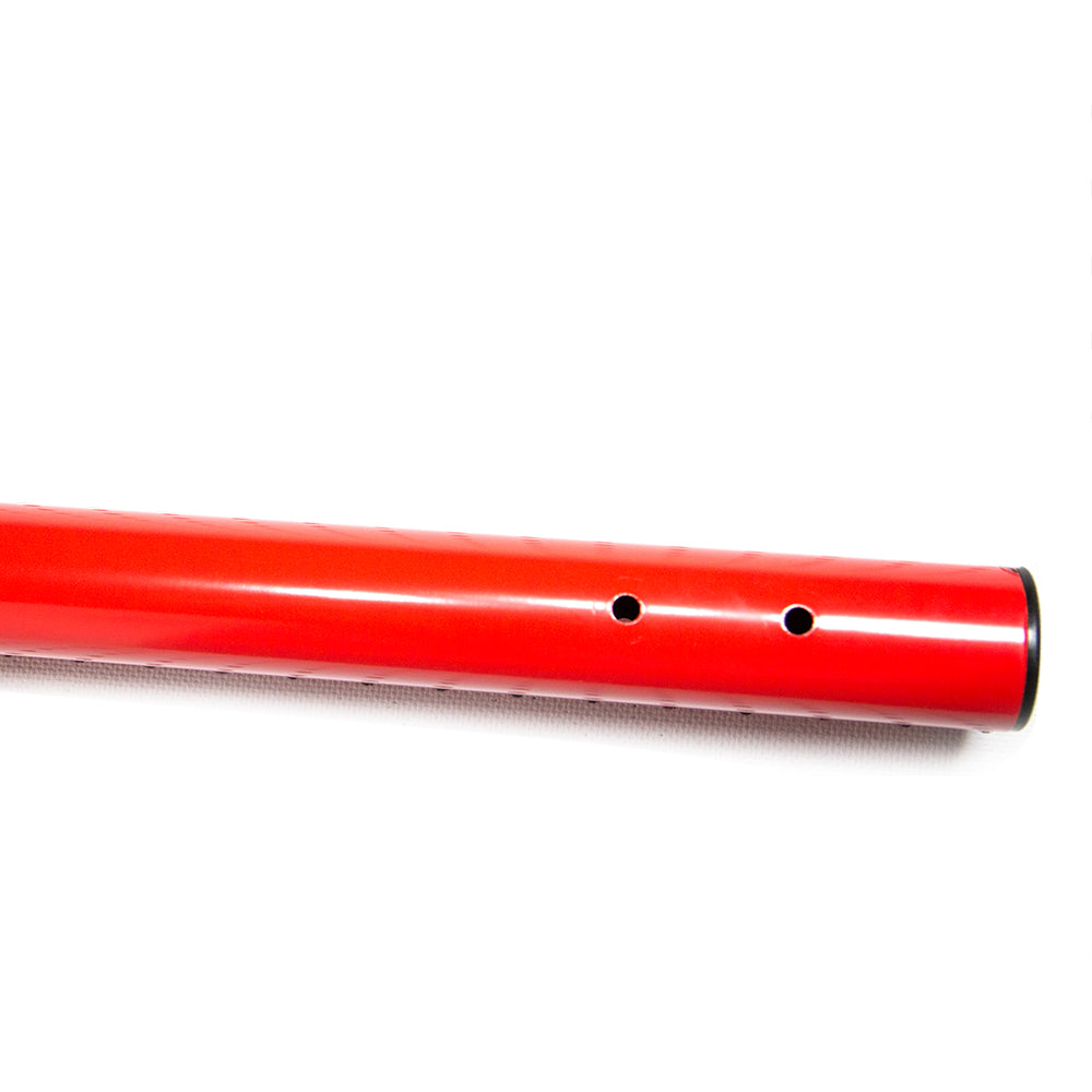 Red powder-coated steel tube with two screw holes on one end.
