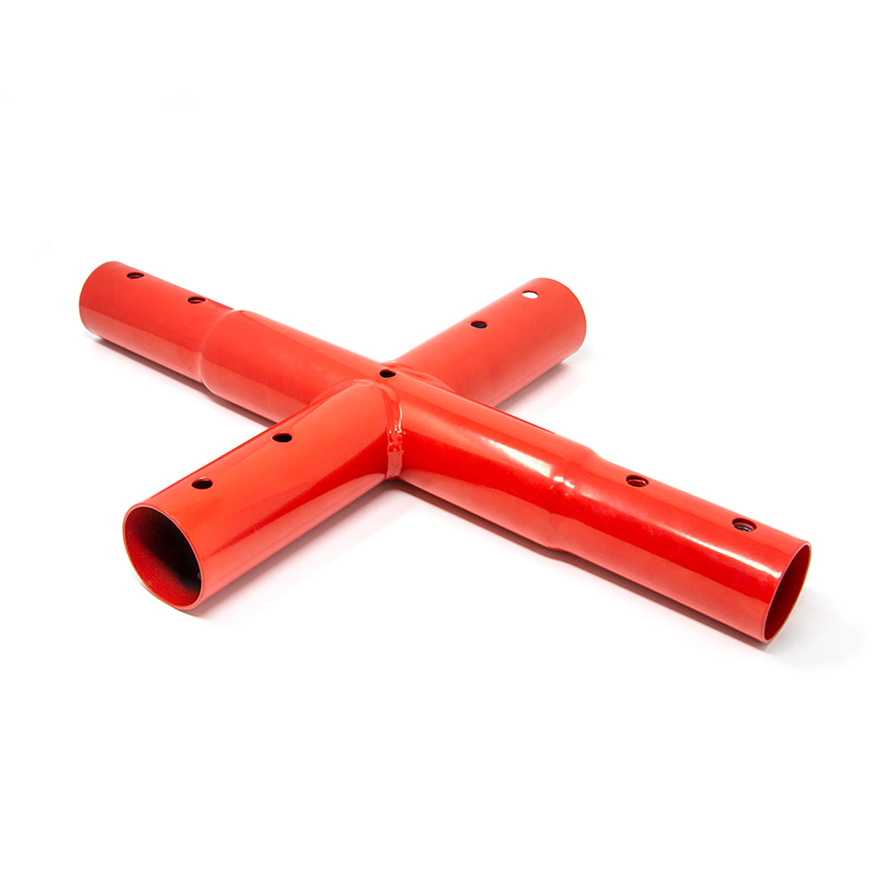 The top frame cross joint piece is red powder-coated steel. 