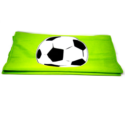 Green banner with a soccer ball design on it. 