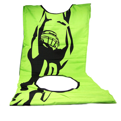 Green soccer goal banner with a football player on it. 