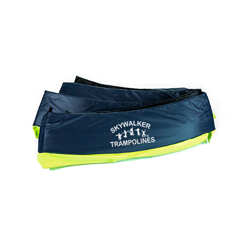 Navy and lime green spring pad with white "Skywalker Trampolines" logo on it.