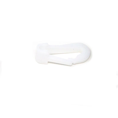 White clip designed to keep soccer goal net in place.