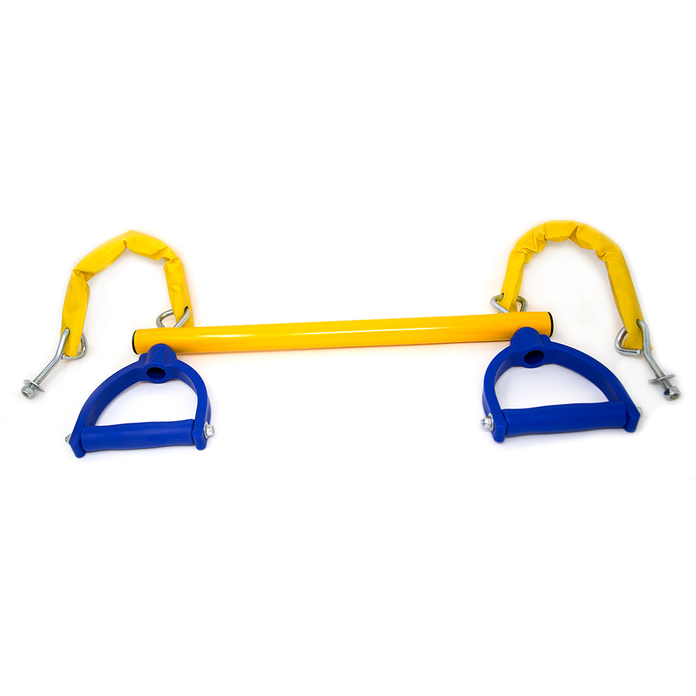 The blue handles hang from the yellow bar and yellow chains. 