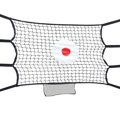 Bounce Back trampoline accessory is made up of a black net with a red and white bullseye in the center. 